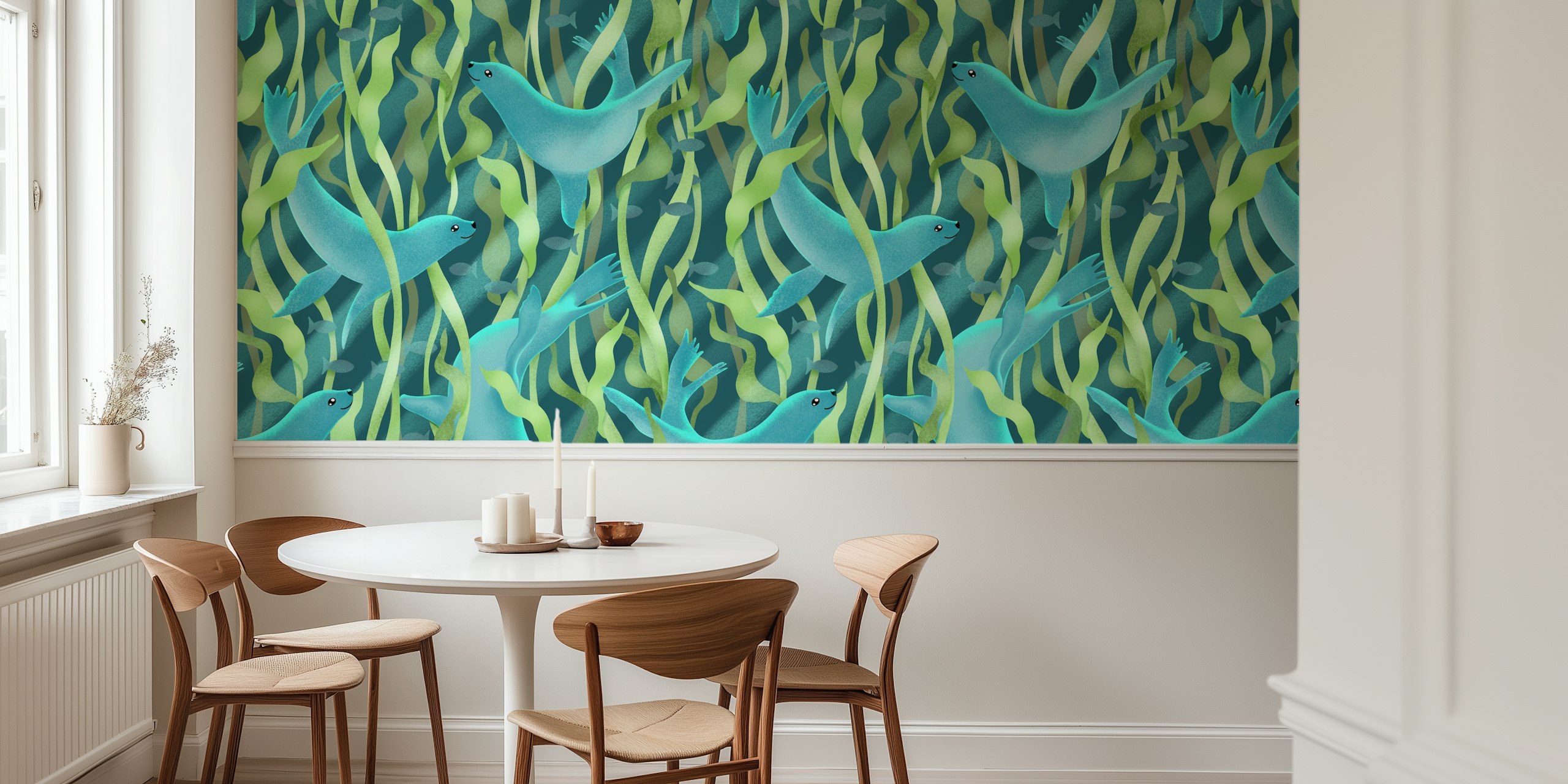 Seals frolicking under water wallpaper design