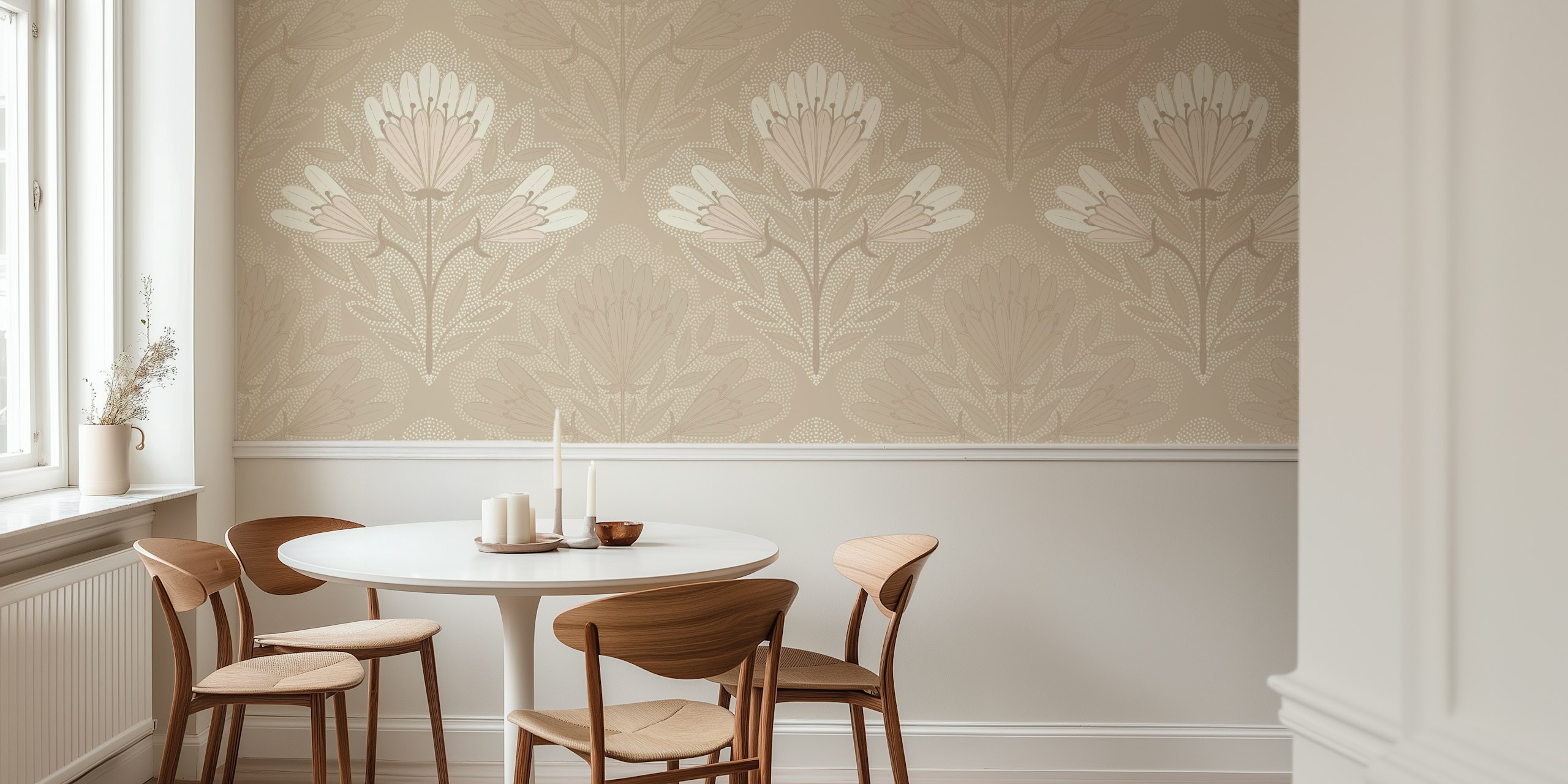 Floral pattern with soft neutral colors, delicate flowers and leaves wallpaper