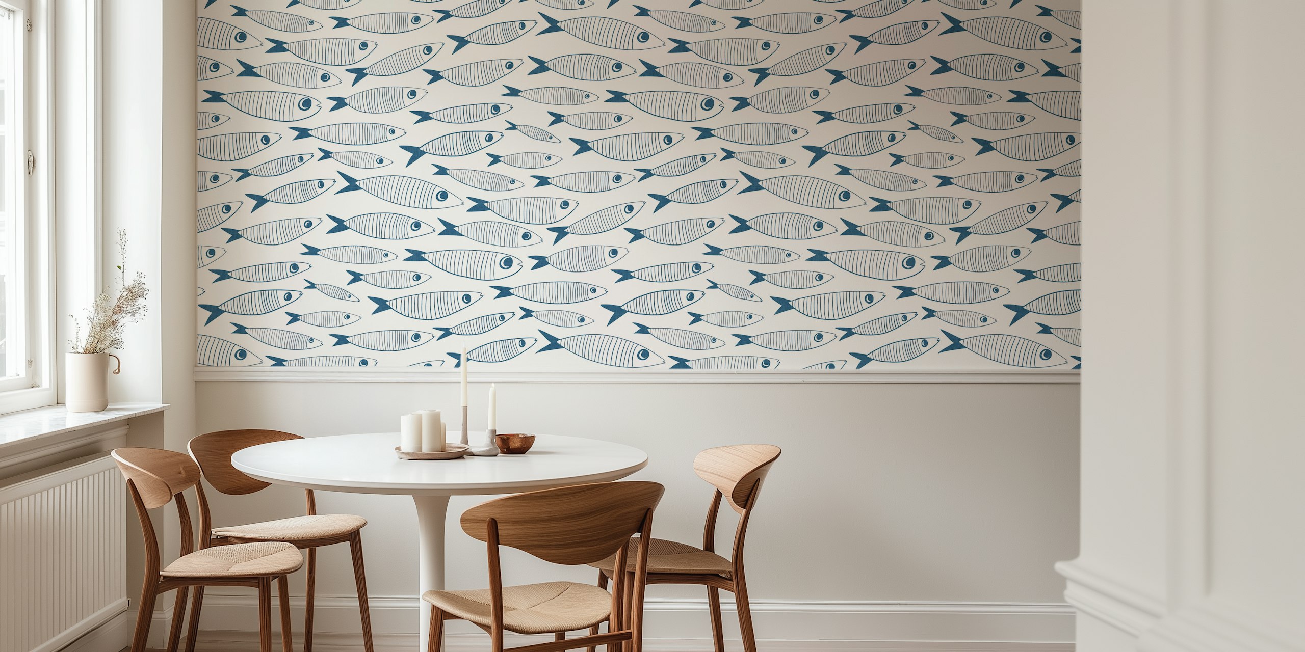 Indigo Sardines Swimming Vintage Fish - Indigo design de papier peint