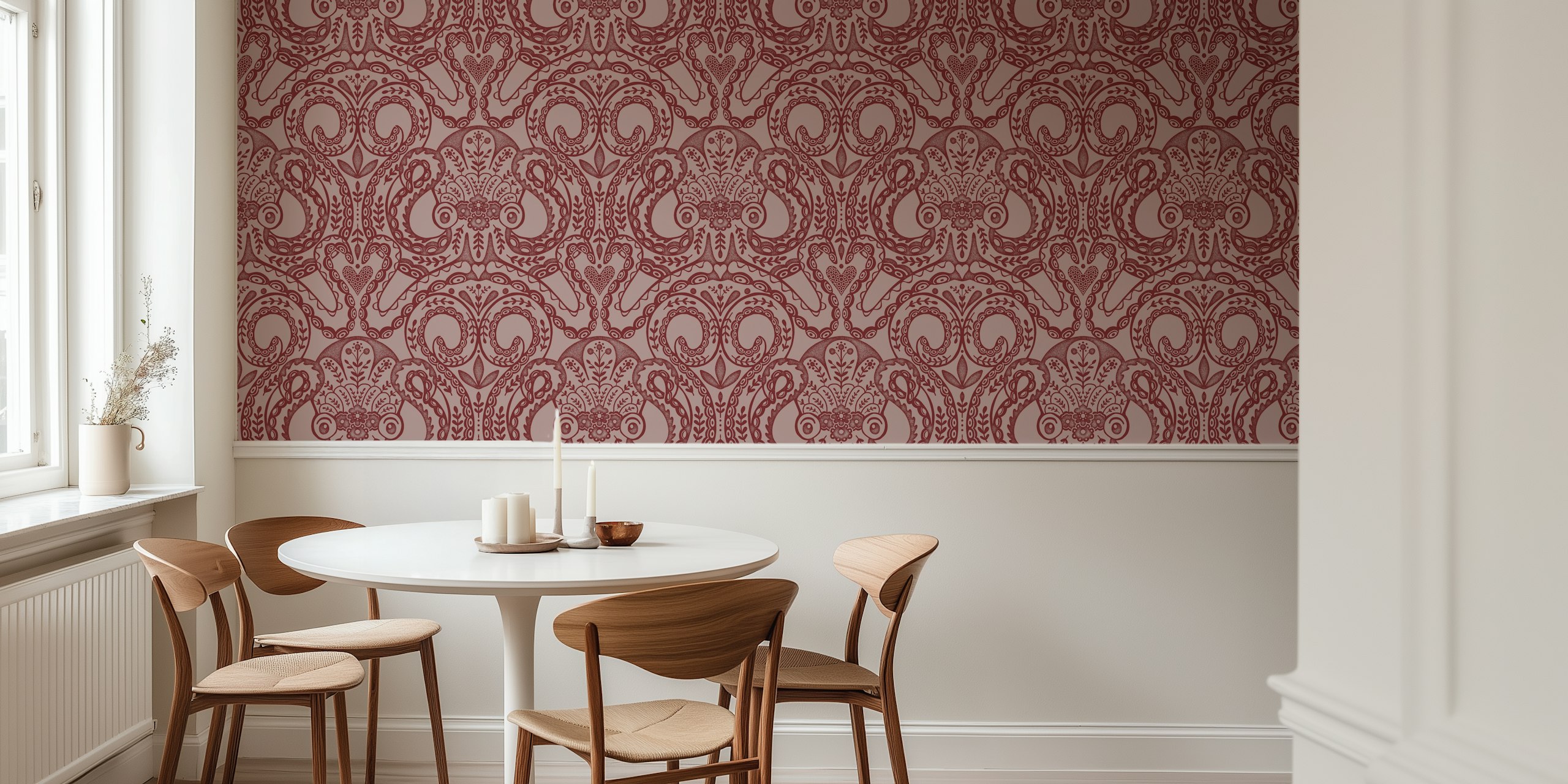 Folk octopus damask mauve red tapet i et rum