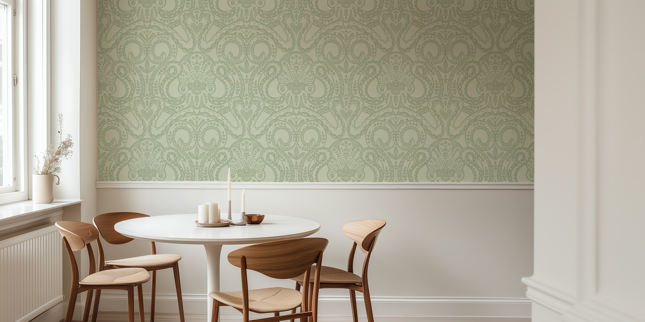 Octopus damask pattern in pale sage green wallpaper
