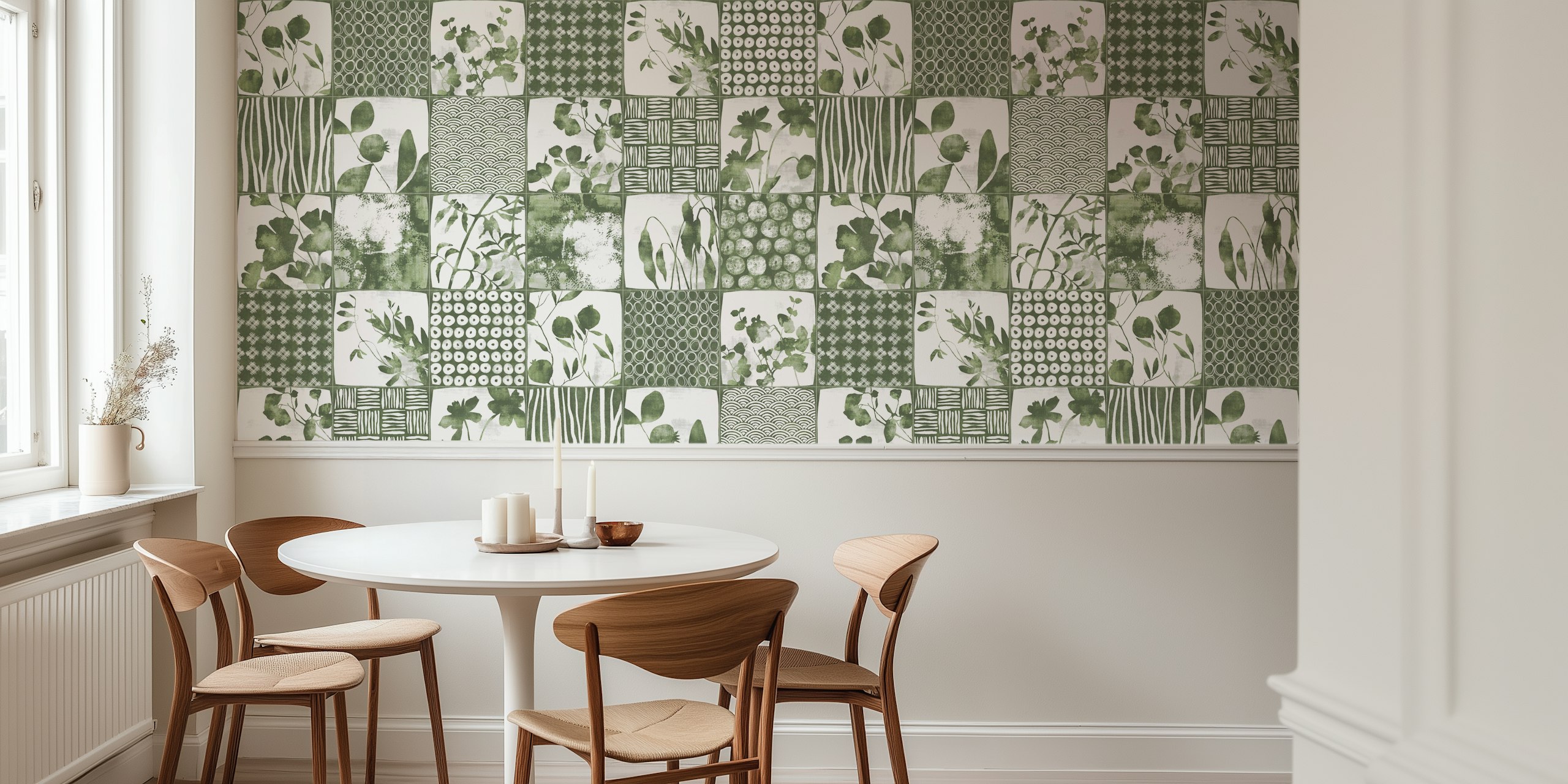 Green and white floral patchwork design wallpaper