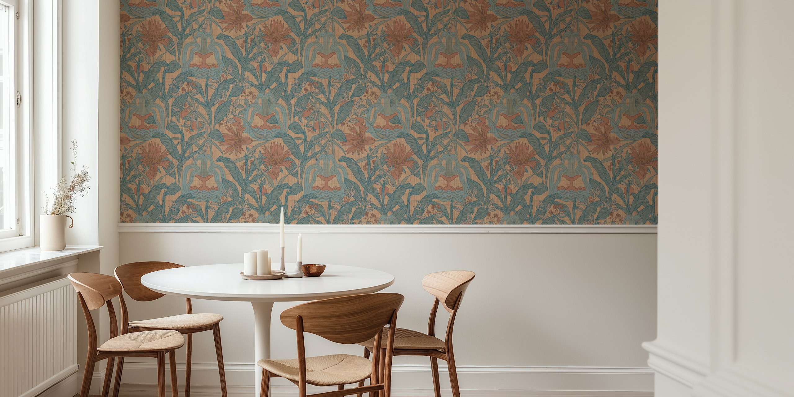Bohemian floral wallpaper with earthy tones and flowing patterns