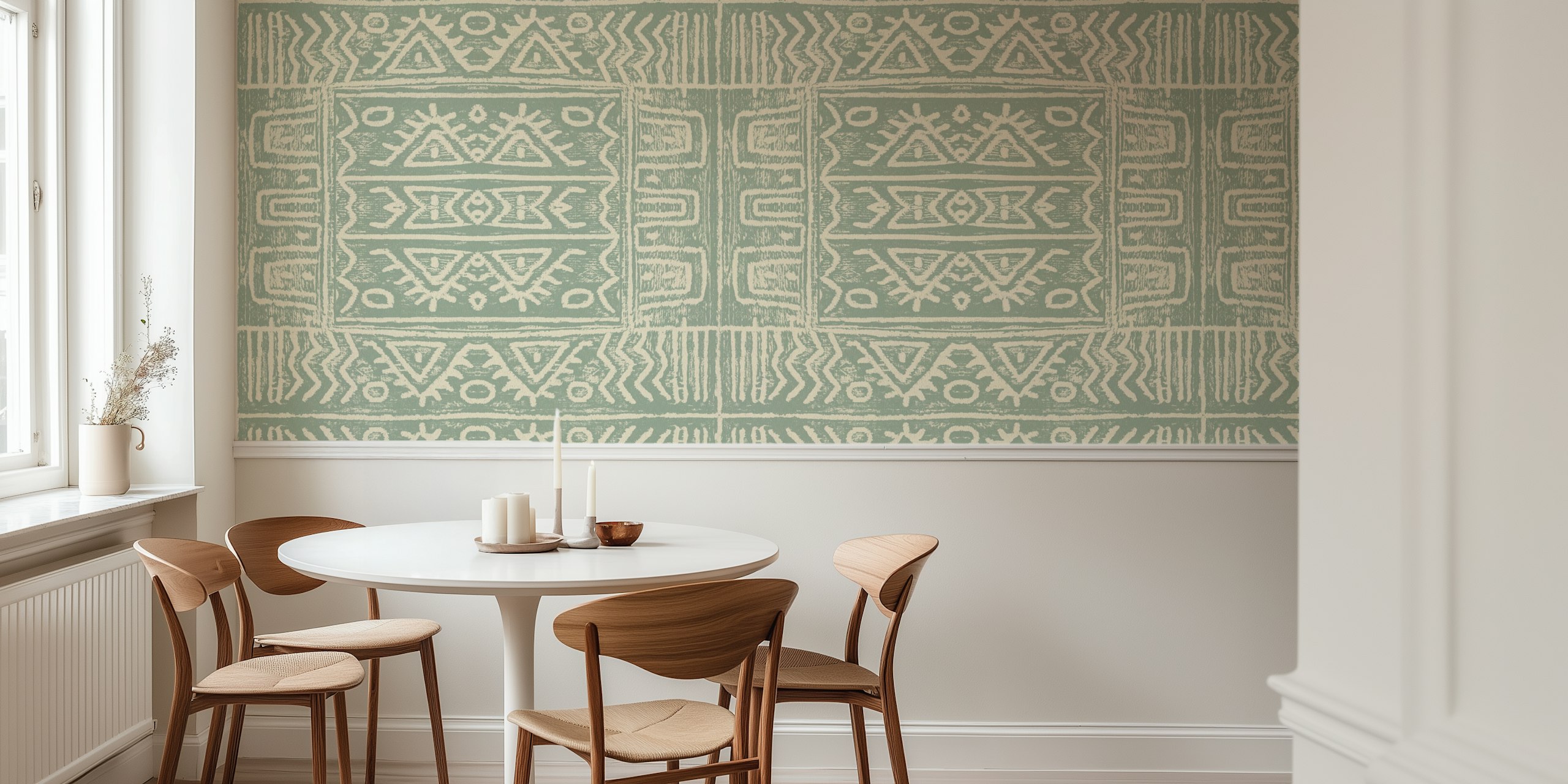 Ταπετσαρία Mudcloth Green εμφανιζόμενη σε ένα δωμάτιο