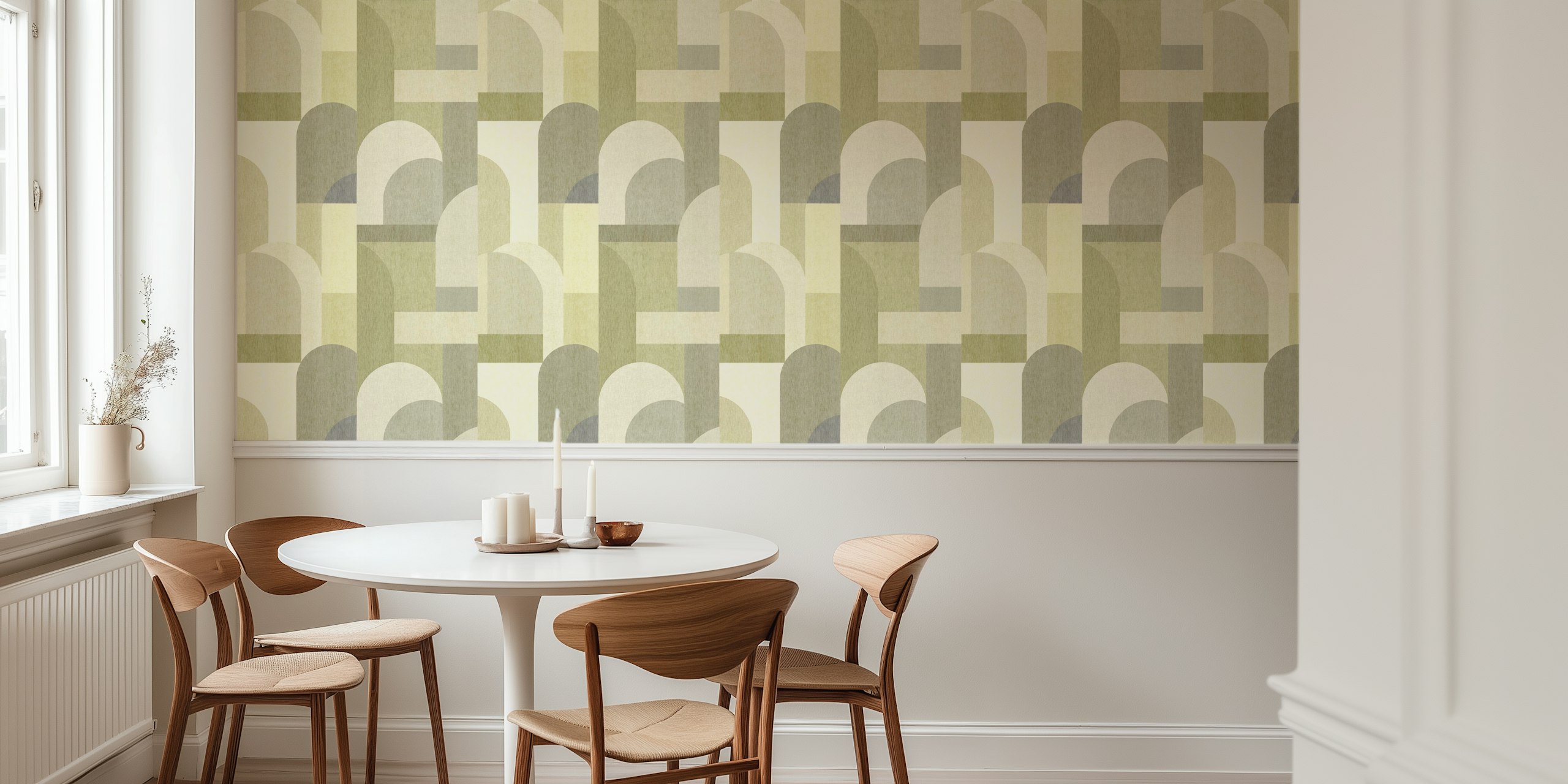 Soft green geometric wallpaper in a room