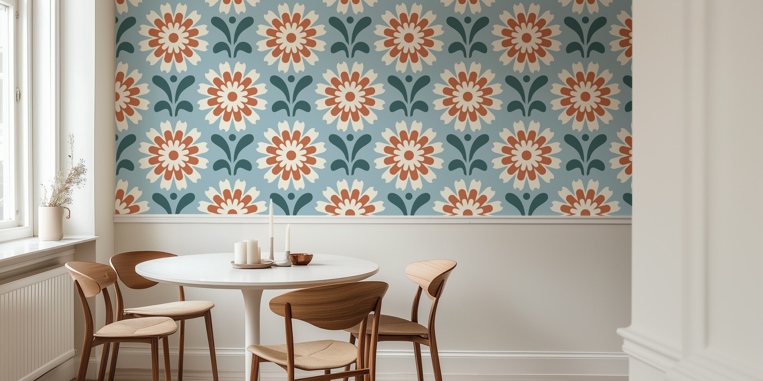 Rustic Daisy Harmony in Blue Red papel de parede em um quarto