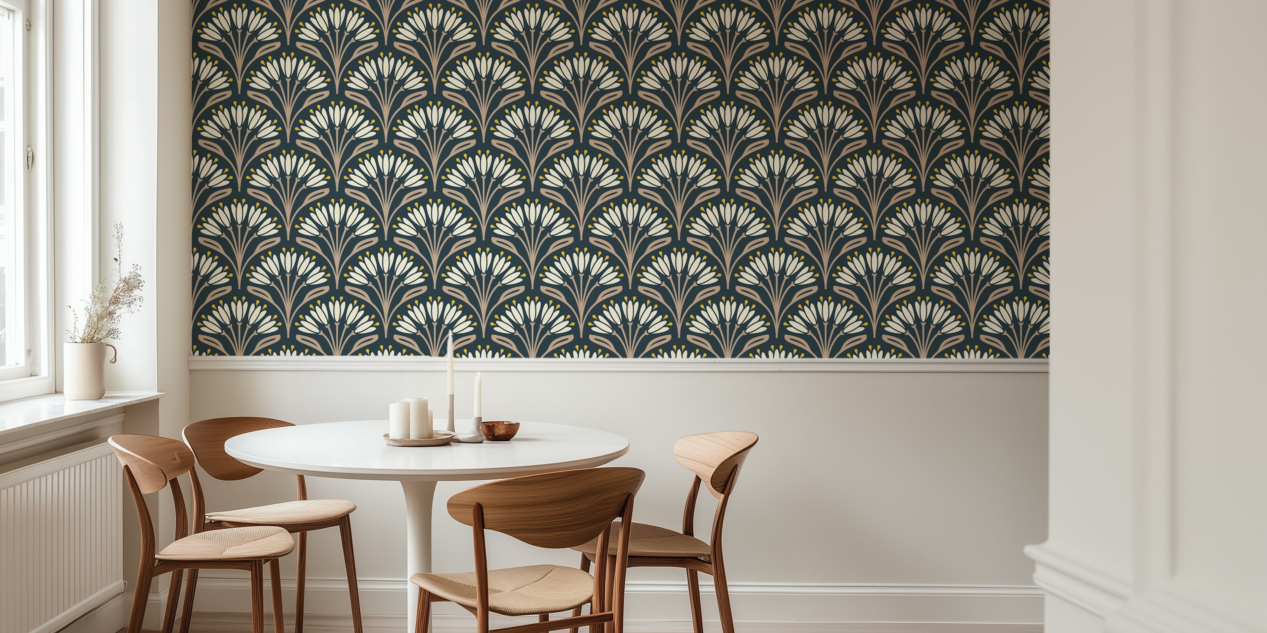 Beige floral pattern with white flowers and yellow accents wallpaper