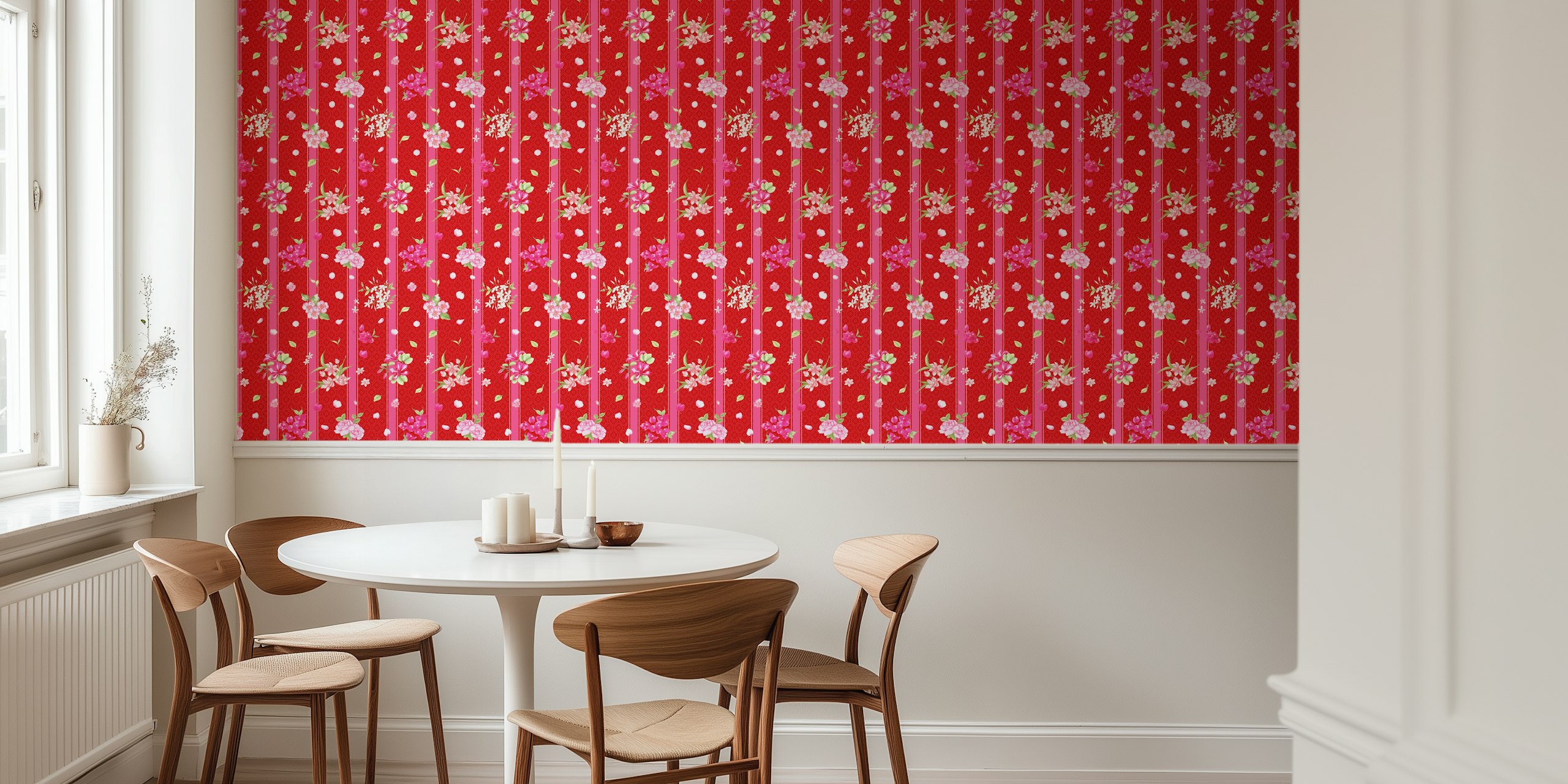 Pink floral pattern with stripes and polka dots wallpaper