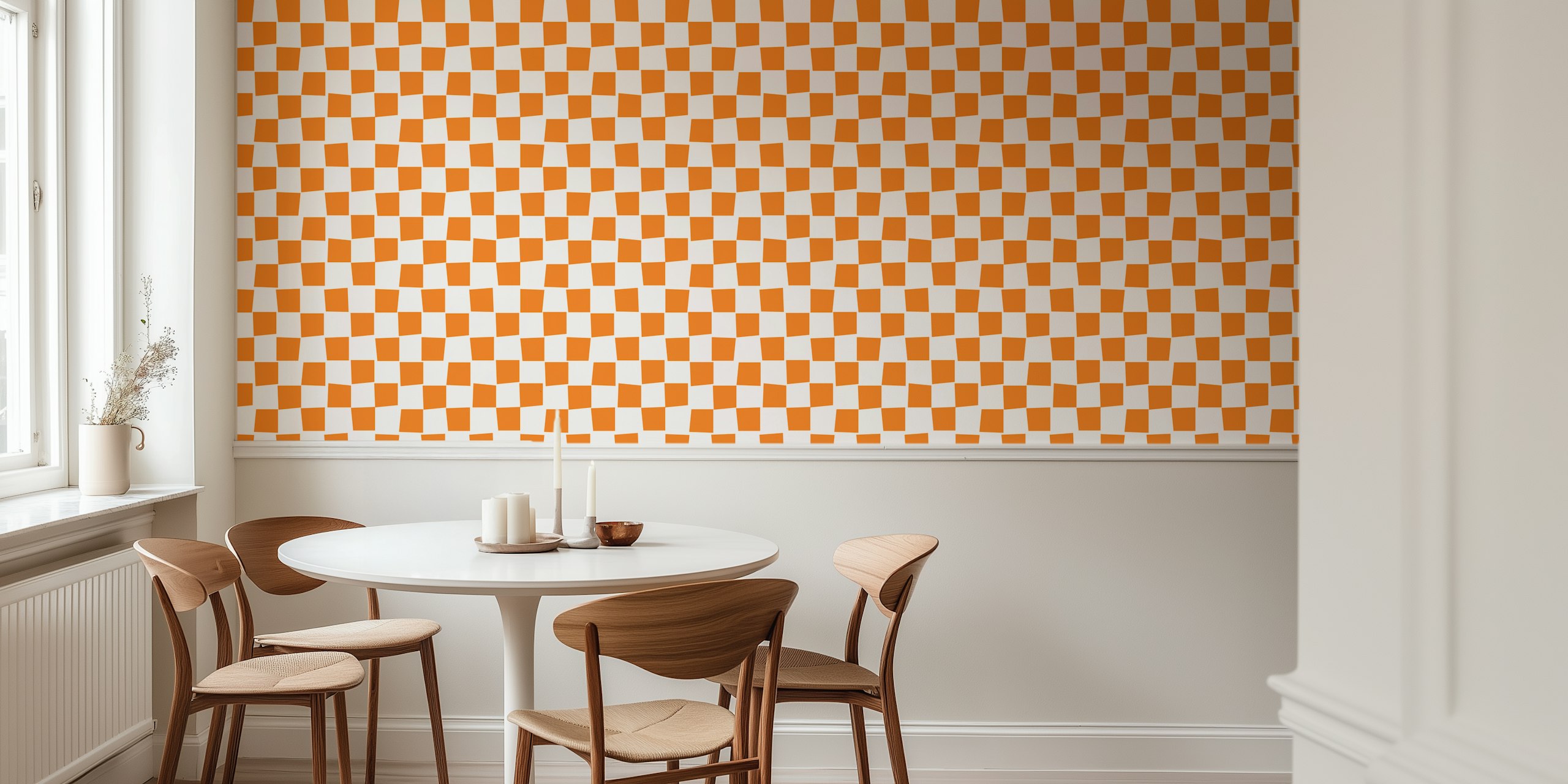 Orange checkerboard wallpaper in a room