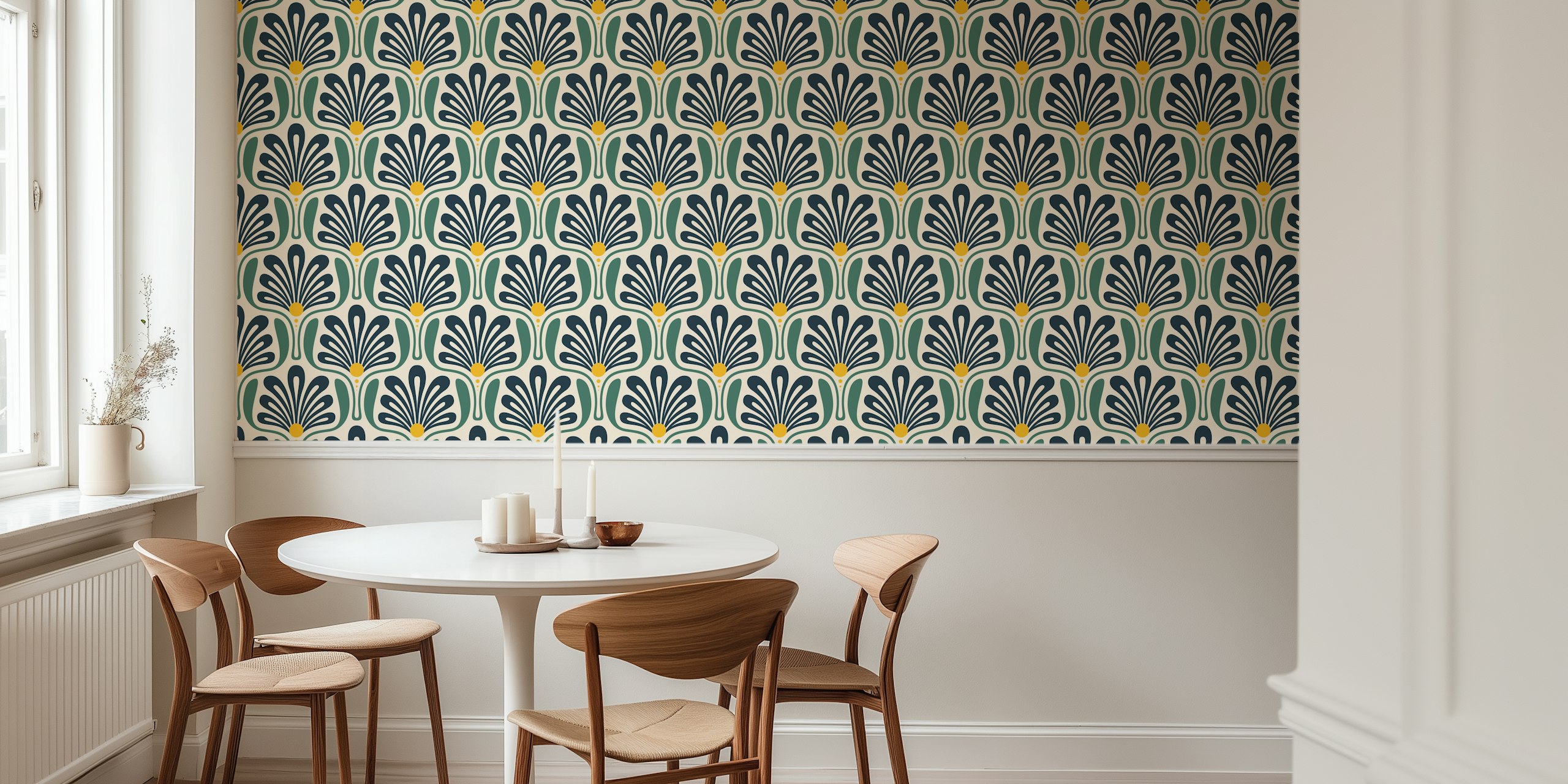 Art Deco Floral Waves in Green papel tapiz en una habitación
