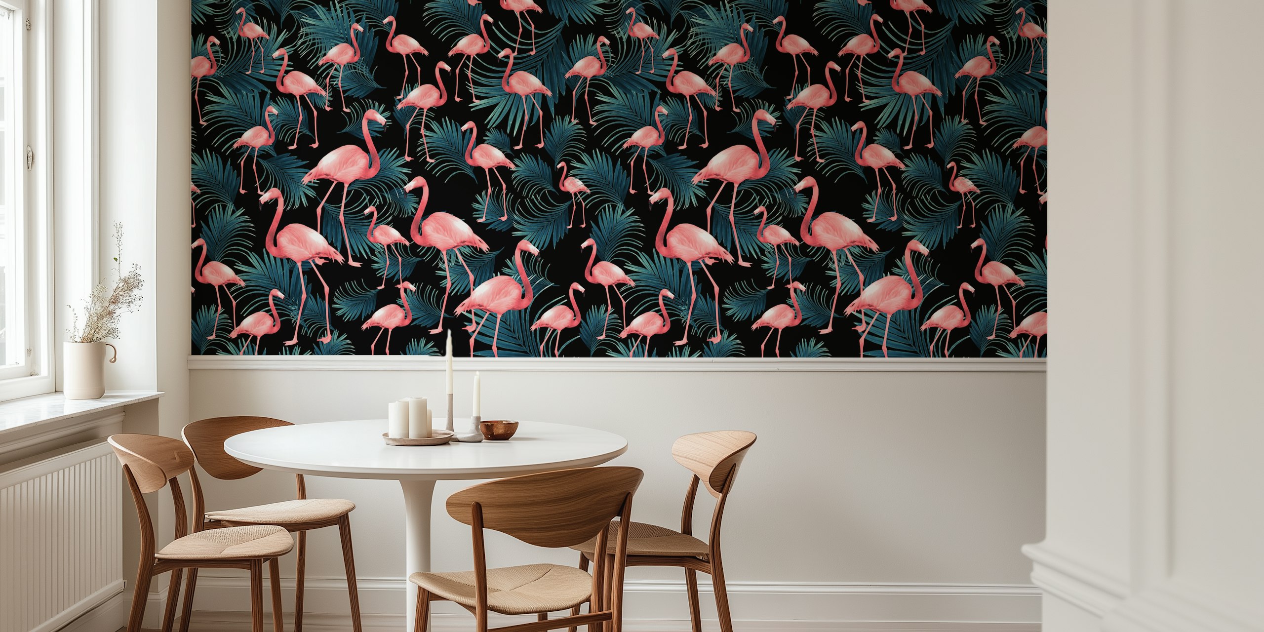 Summer flamingo palm pattern wallpaper in room