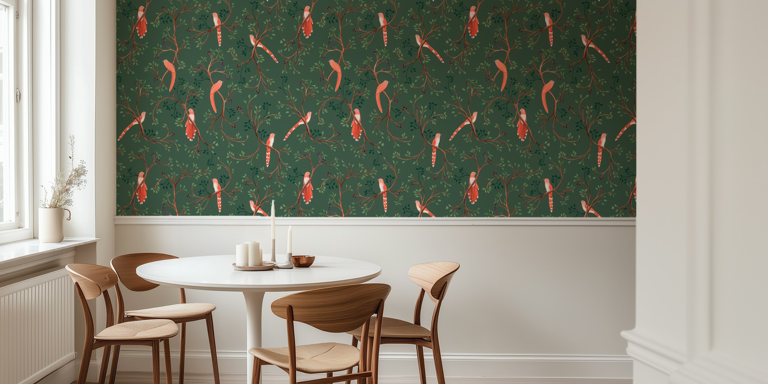 Delicate birds on branches with green background wallpaper