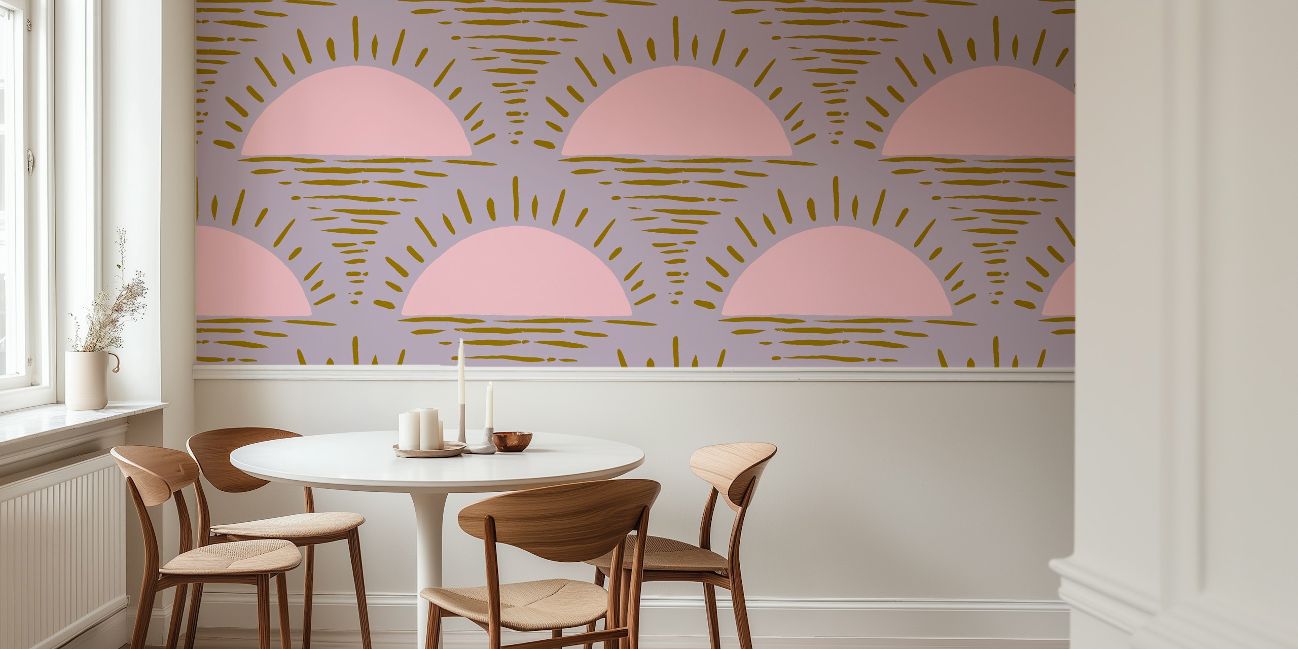 Hand-drawn rising sun design in purple and mustard wallpaper