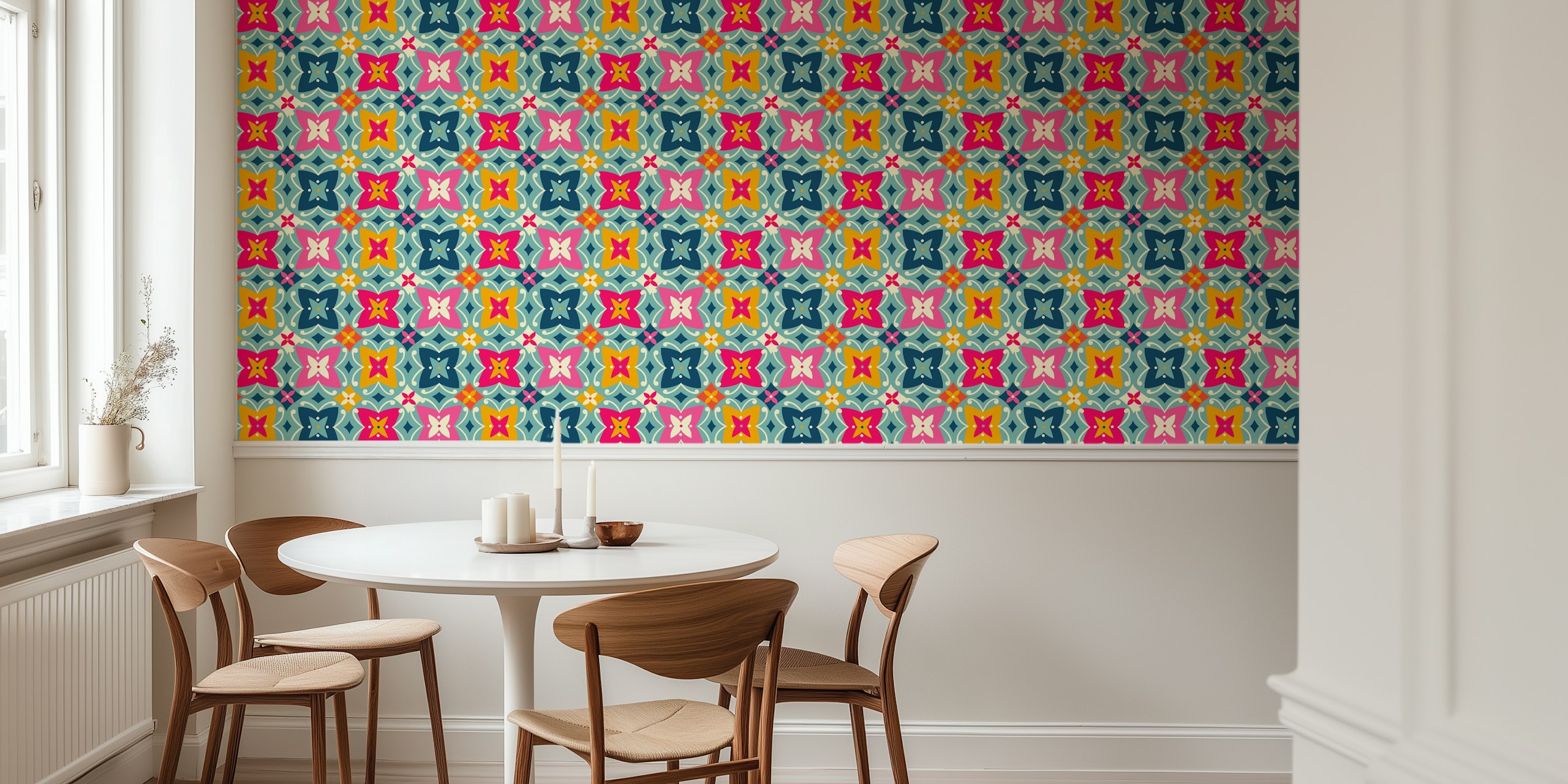 Folk art geometric flourishes wallpaper in a room