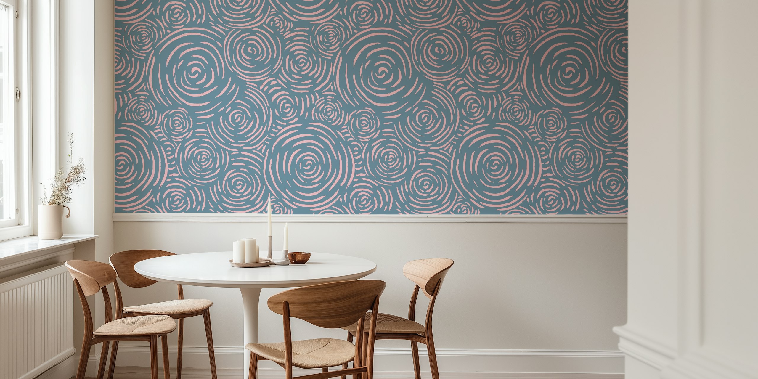 Blue and pink patterned wallpaper in a room