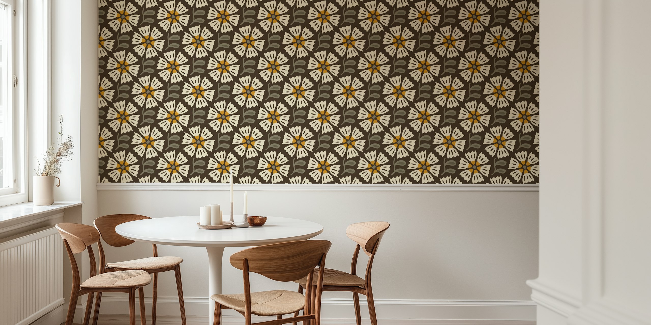Brown and yellow floral pattern wallpaper featuring retro design details.