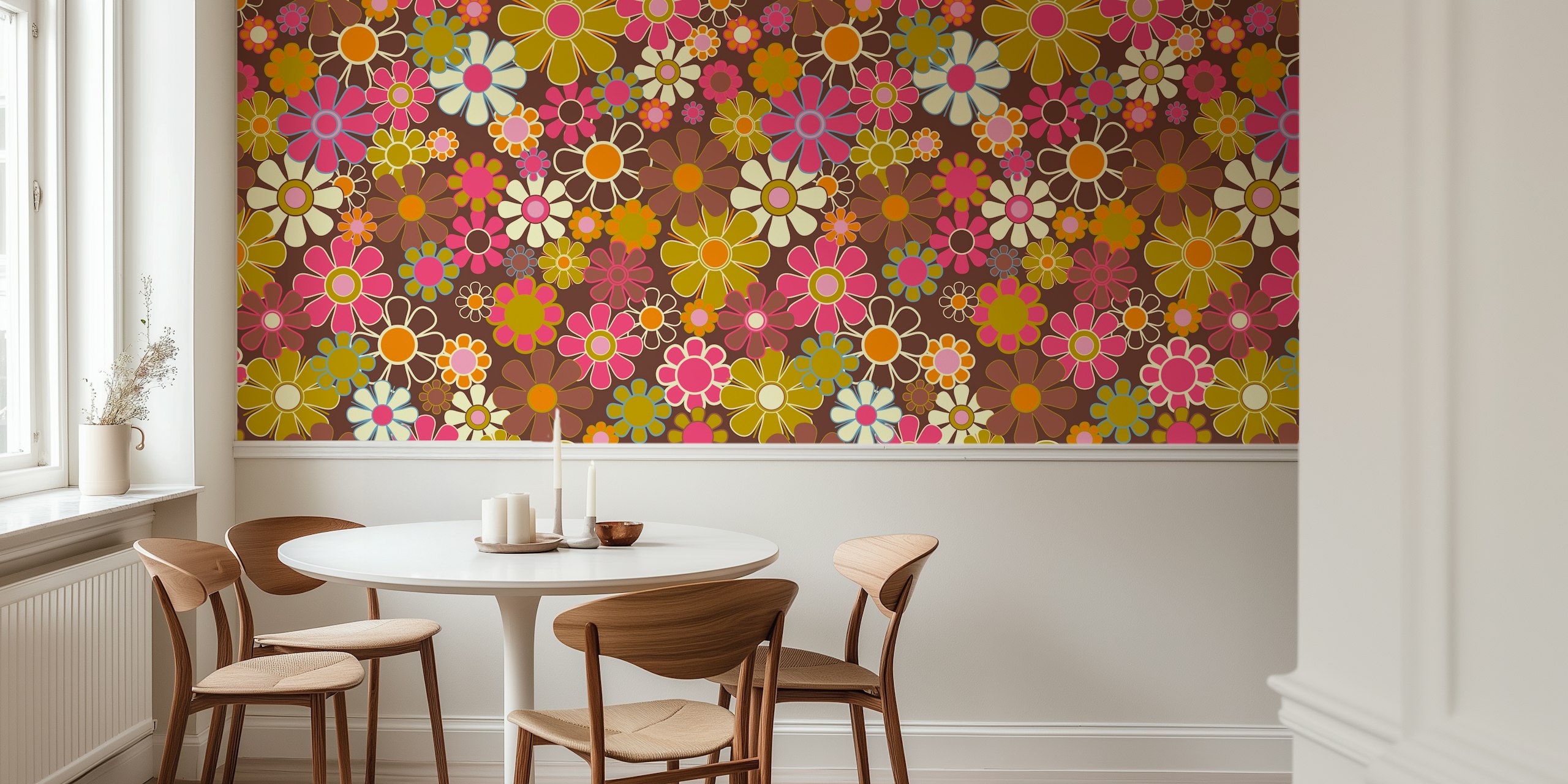 Colorful retro floral patterns with pink, orange, and green flowers on brown wallpaper