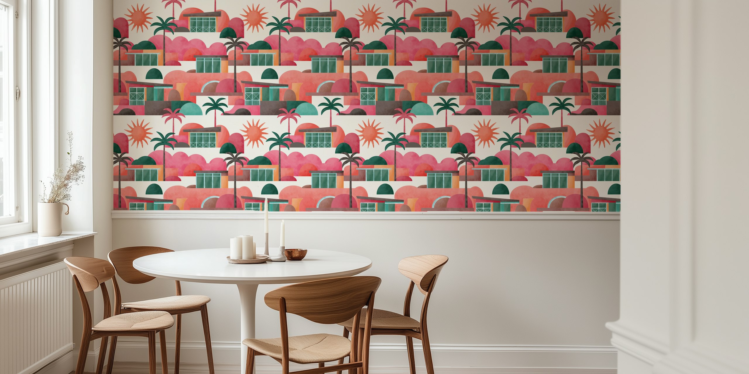 Tropical palm house mural wallpaper with pink, green, and orange colors.
