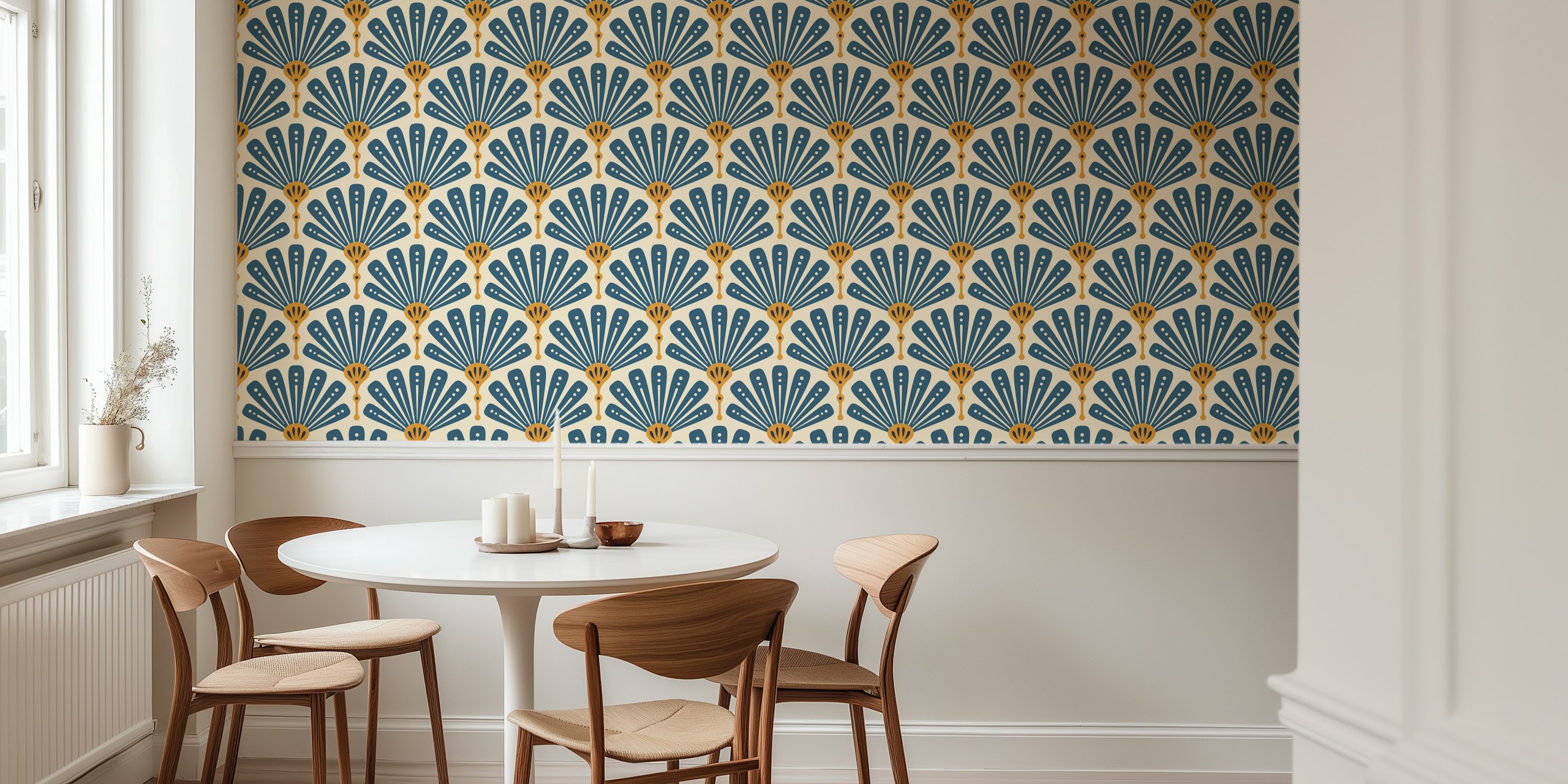 Scallop fan pattern in blue and yellow on light background wallpaper