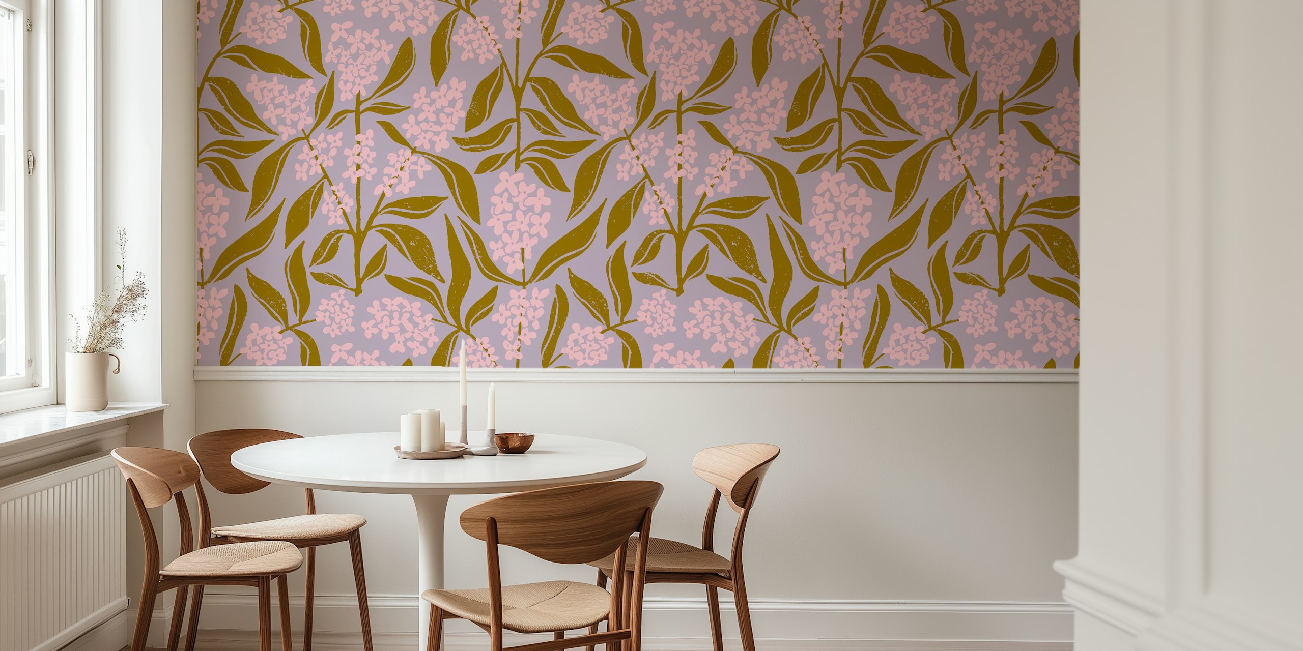 Osmanthus flower wallpaper in roze en mosterd