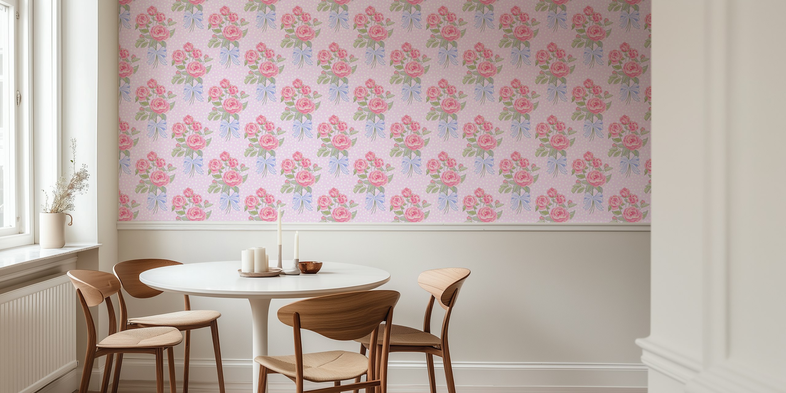Rosy floral pattern with blue ribbons on soft lavender wallpaper
