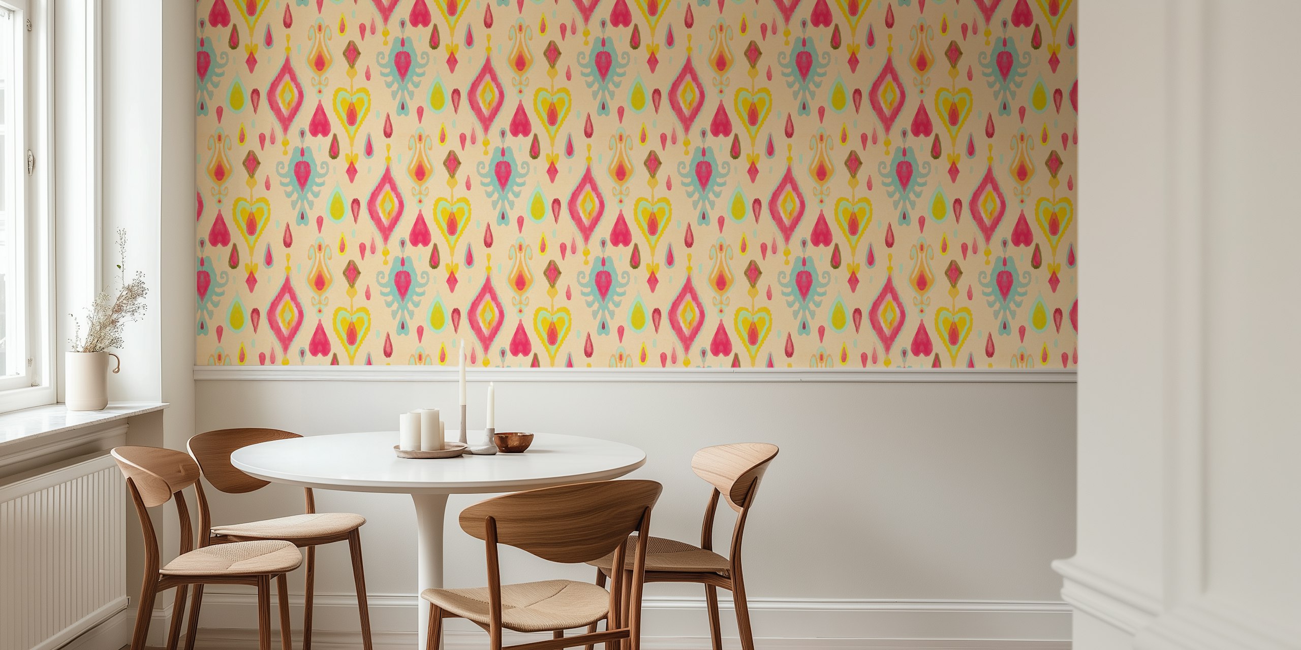 Ikat rain drops wallpaper in a styled room
