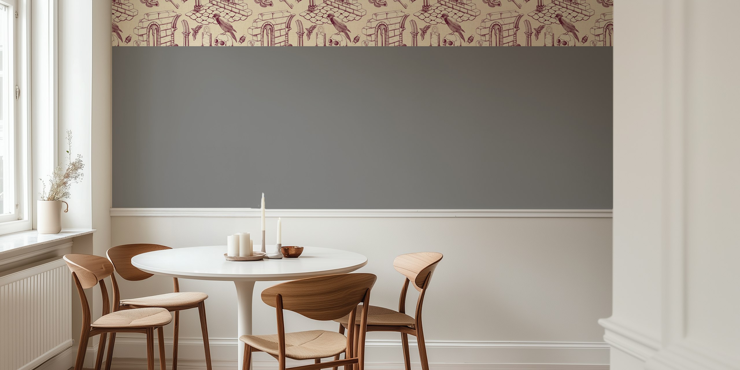 Burgundy Dark Academia Toile de Jouy wallpaper in a room