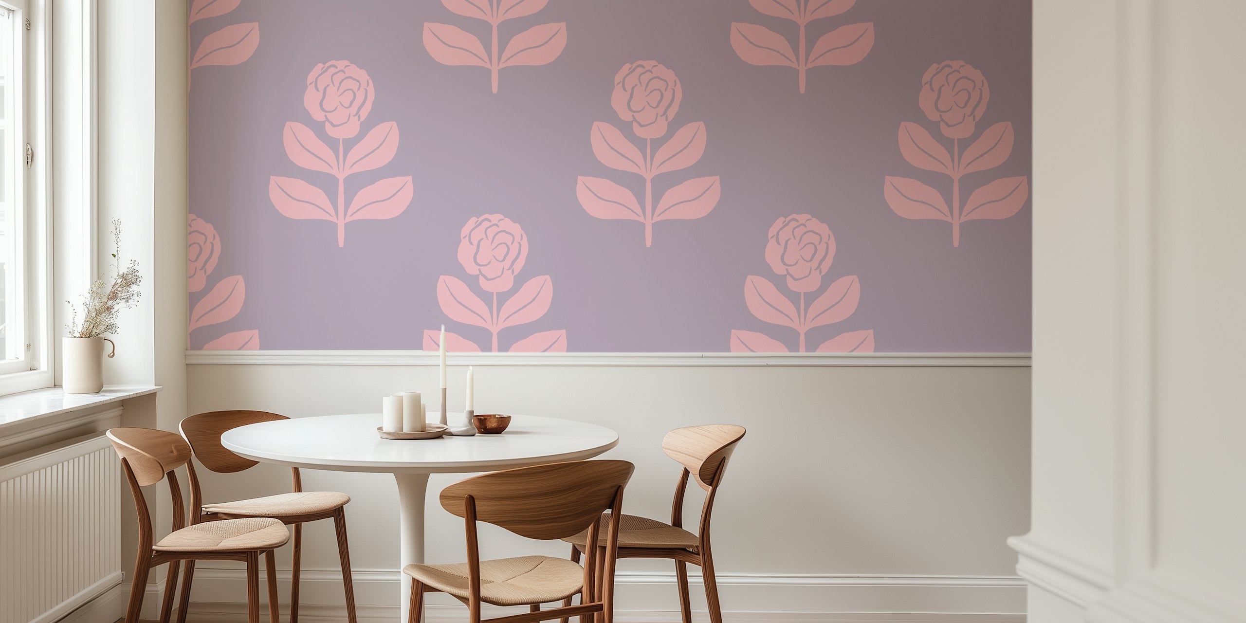 Camilla Flower in Pink on Violet Purple wallpaper in a room