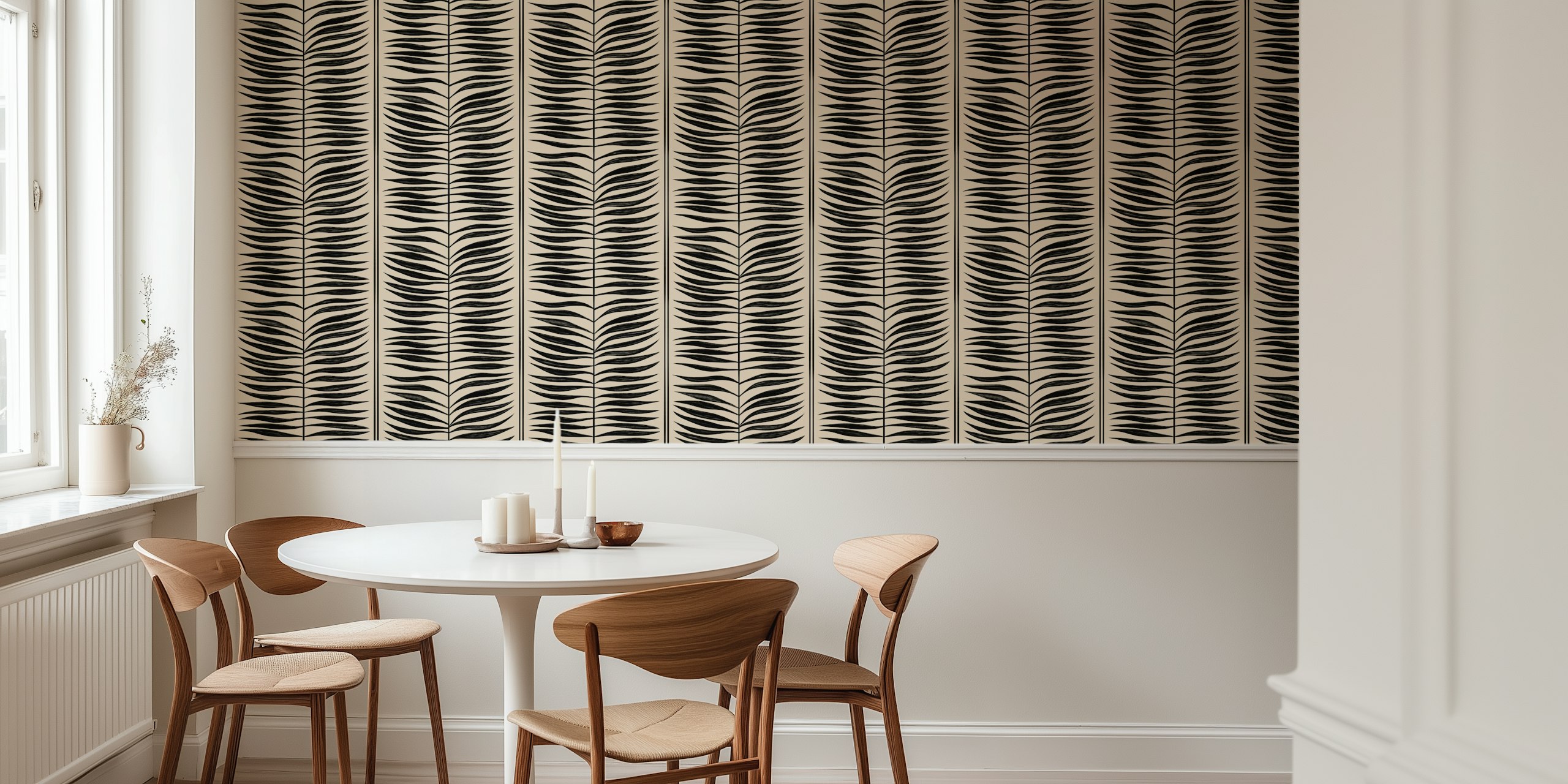 Black and cream palm leaf stripes wallpaper