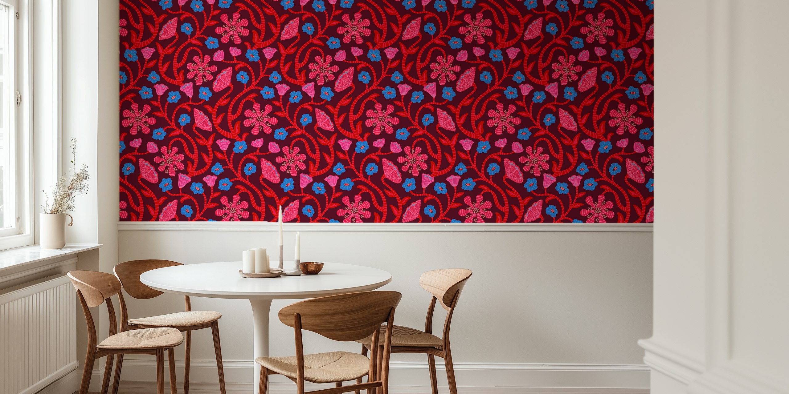 Flower Jungle Modern Art Nouveau Floral Red tapet