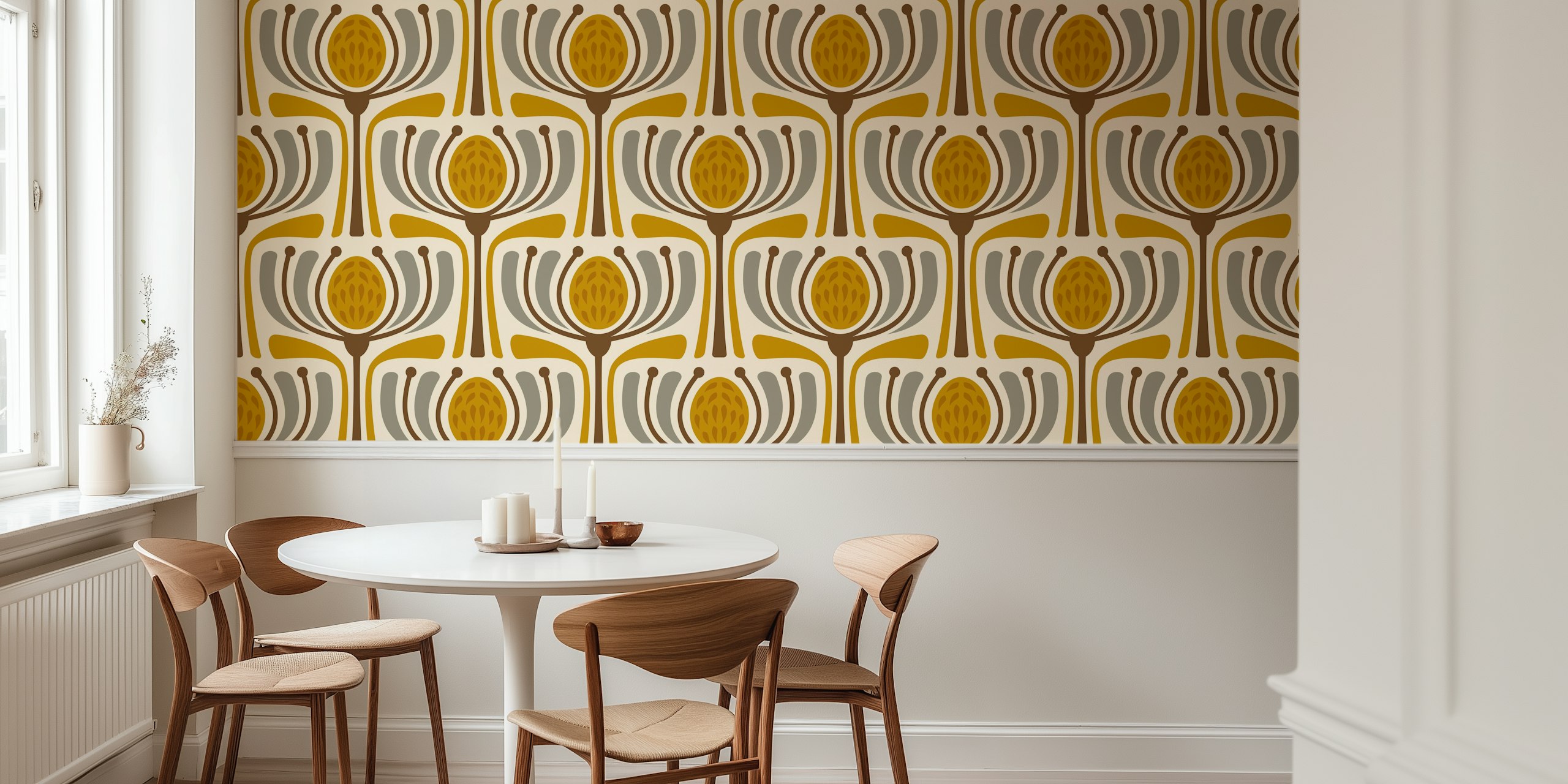 Mid-Century Modern Bloom in Yellow tapet i ett rum