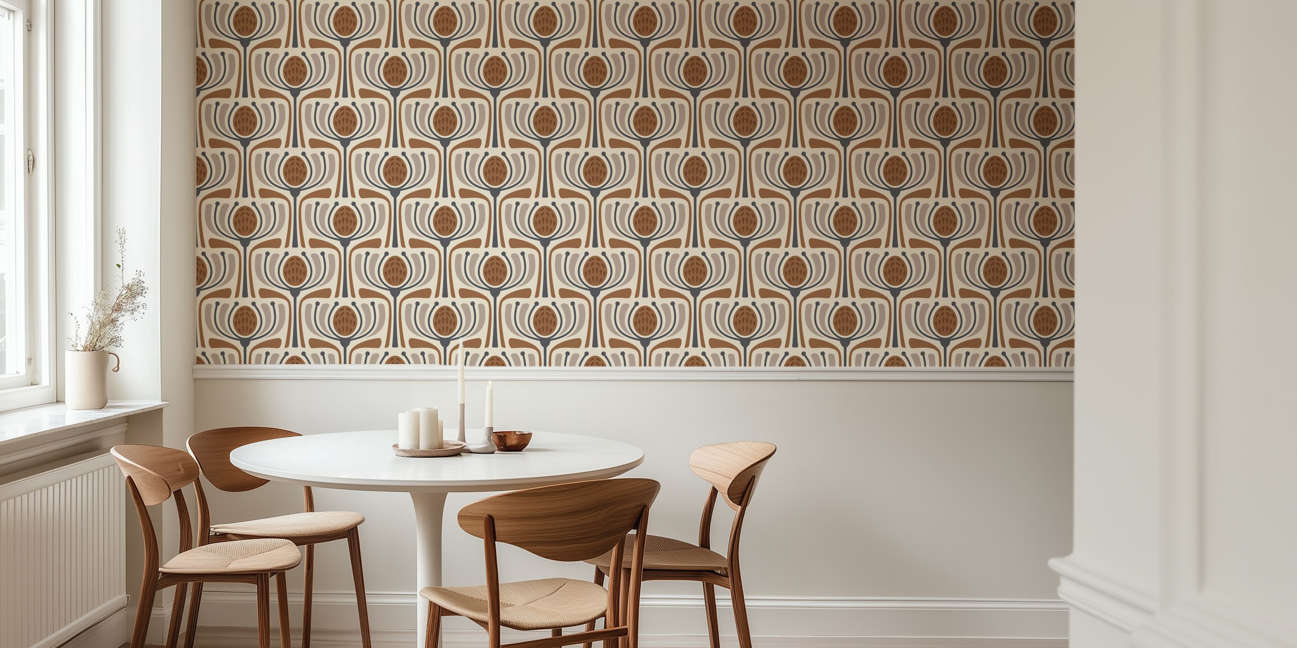 Mid-Century Modern Bloom in Brown wallpaper in a room