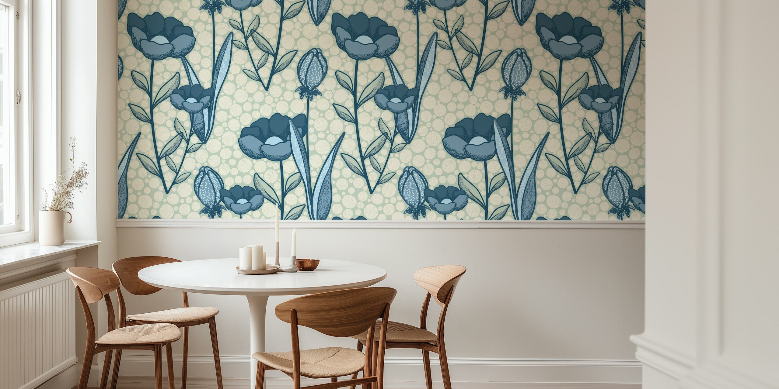 Modern Retro Flowers Blue & Pearl wallpaper in a room