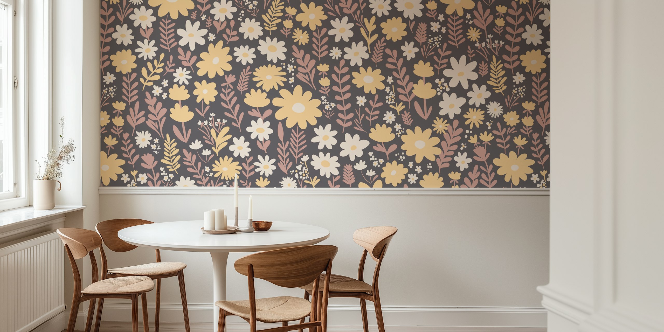 Floral pattern in pastel colors on a grey background wallpaper