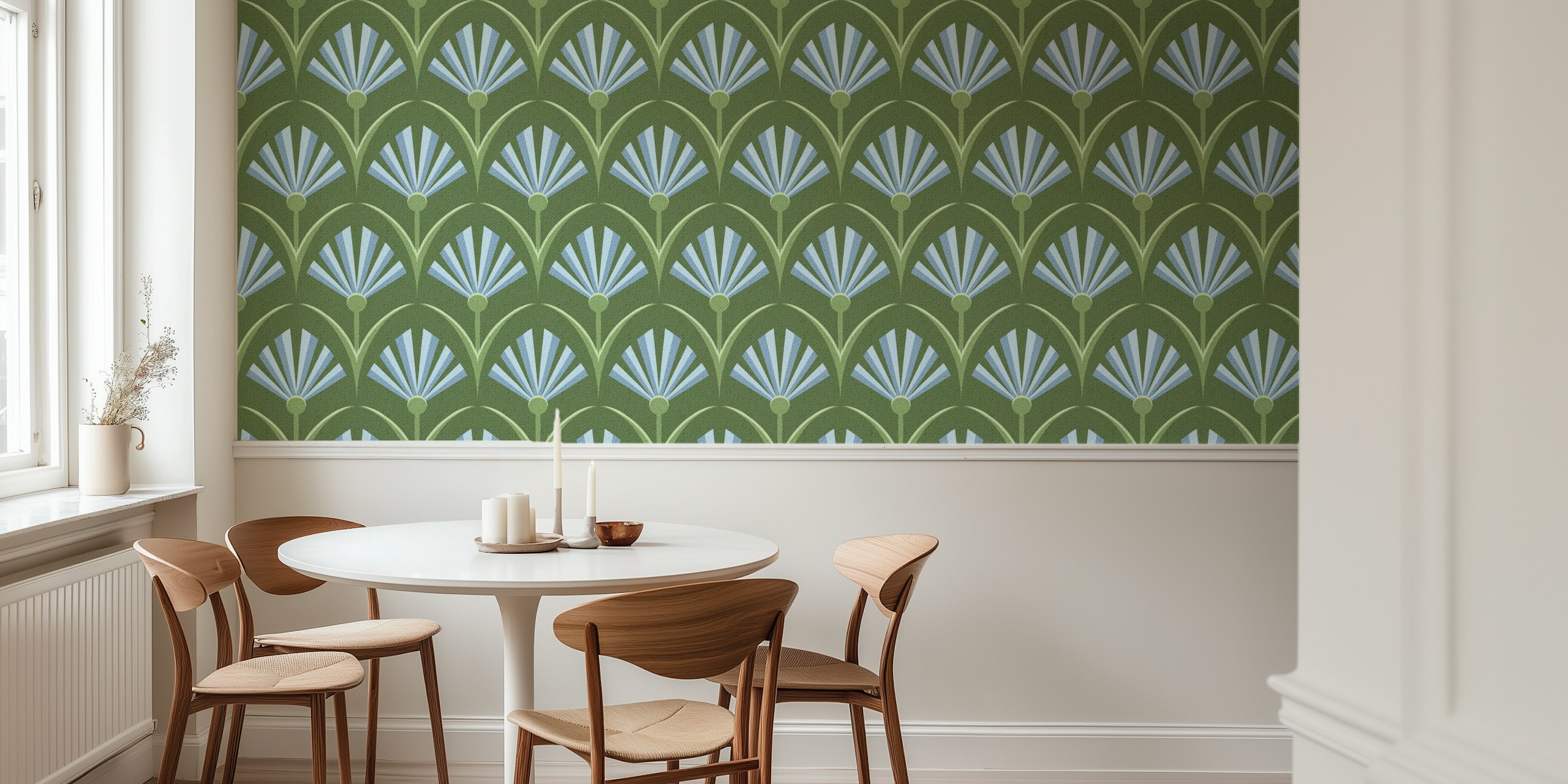 Retro floral fan pattern in blue and green wallpaper