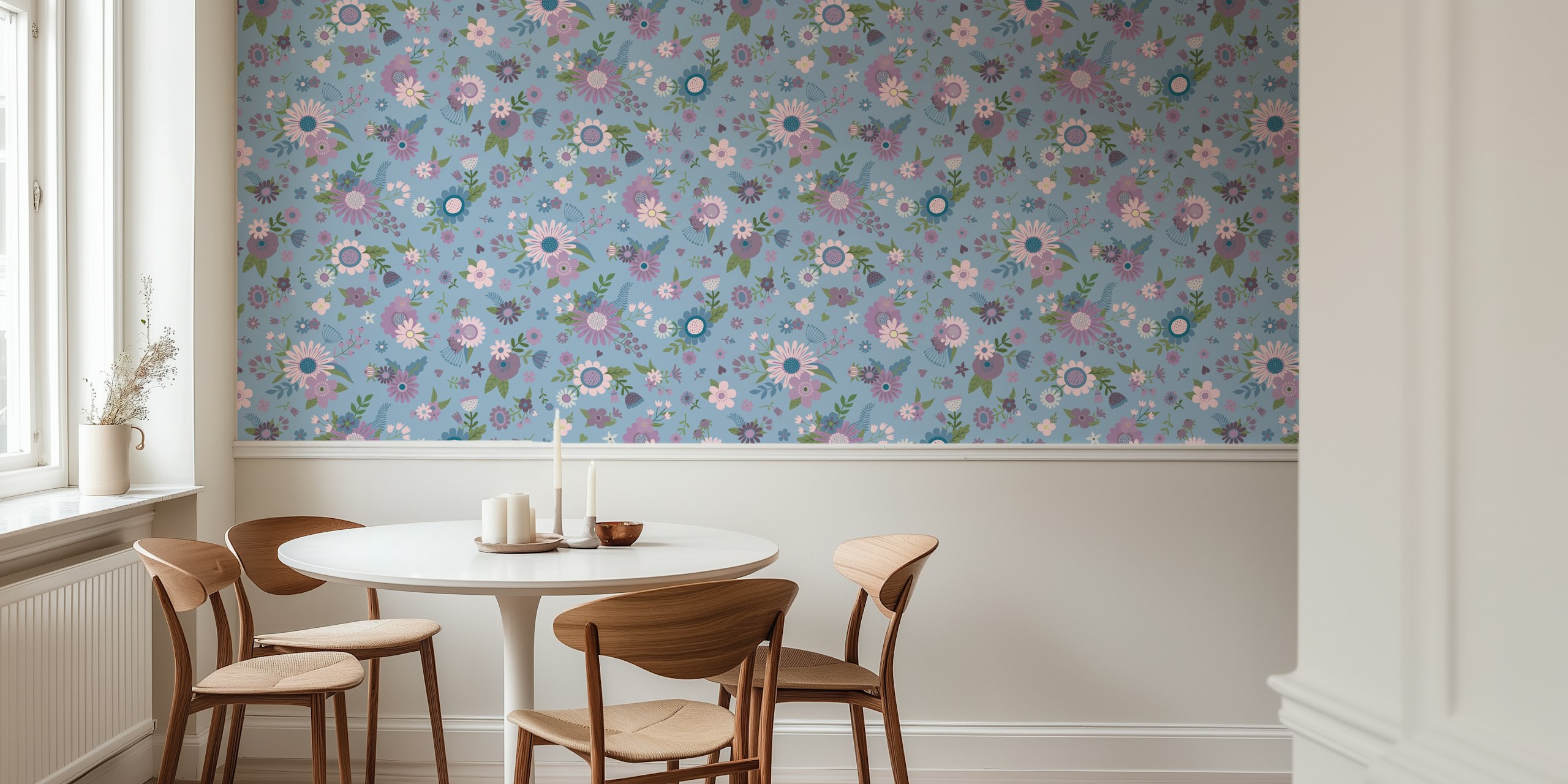 Blue floral wallpaper with lilac flowers and greenery