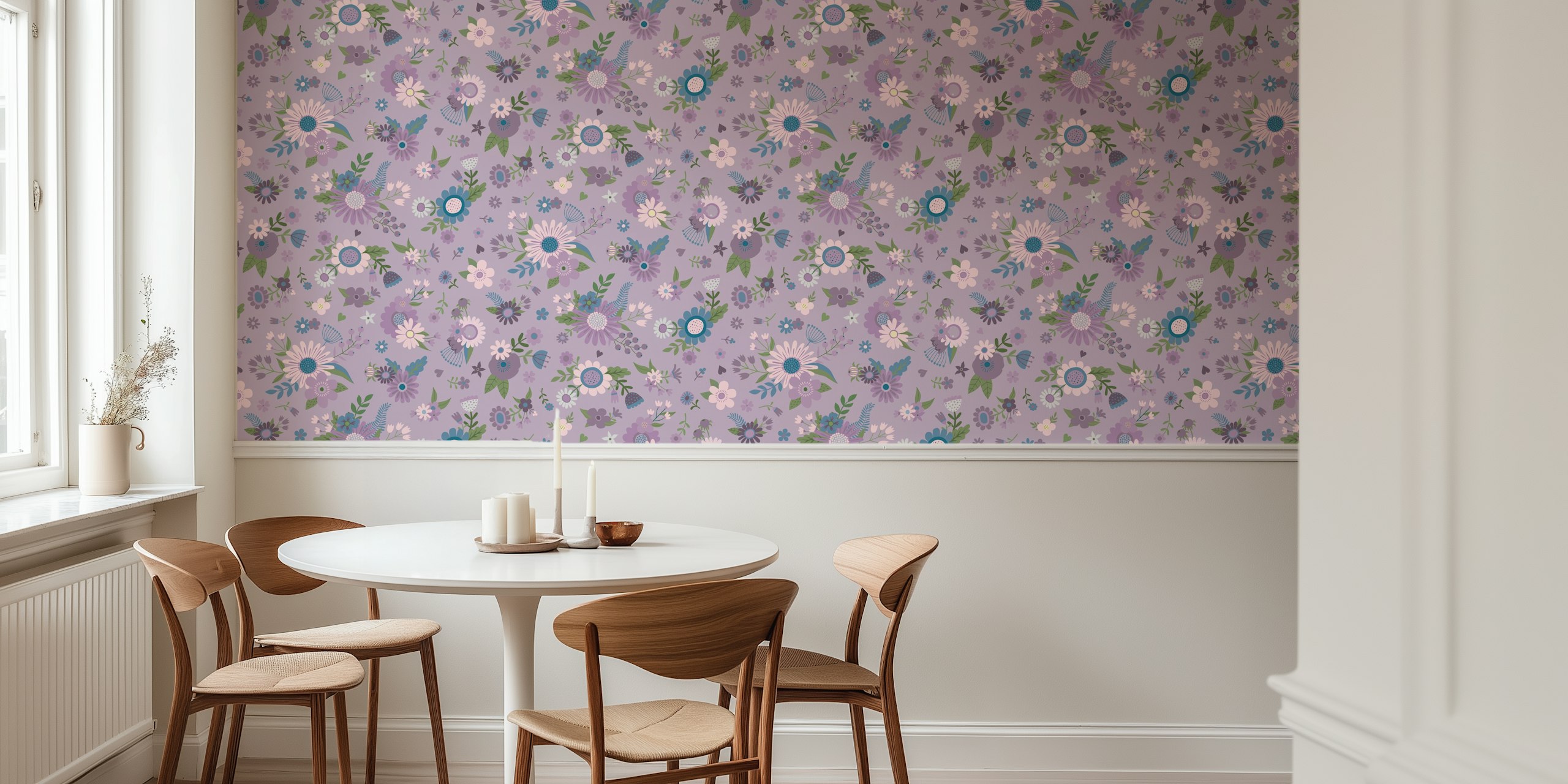 Lavender and blue flowers on mauve background wallpaper