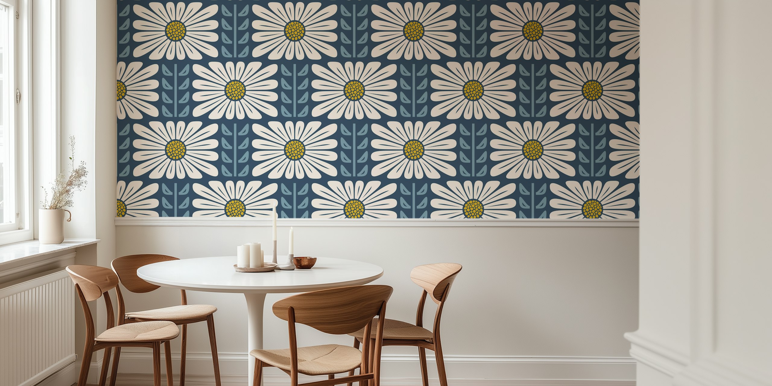 Large white floral patterns on blue background wallpaper