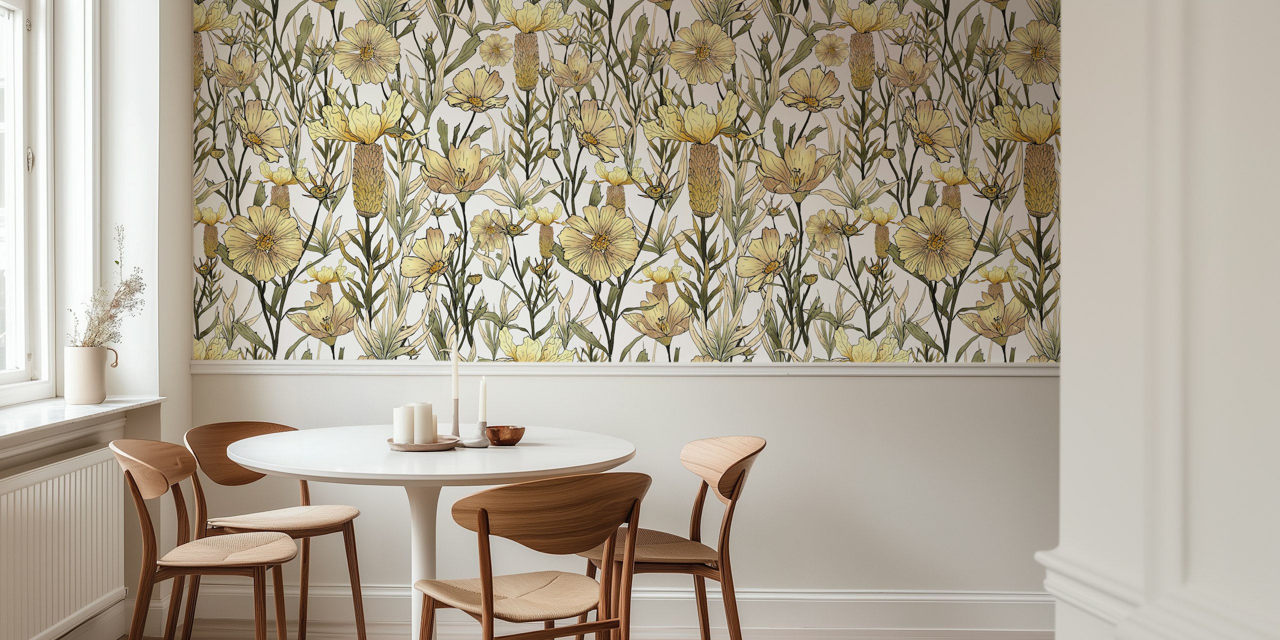 Vintage floral white wallpaper with hand-drawn flowers and green stems