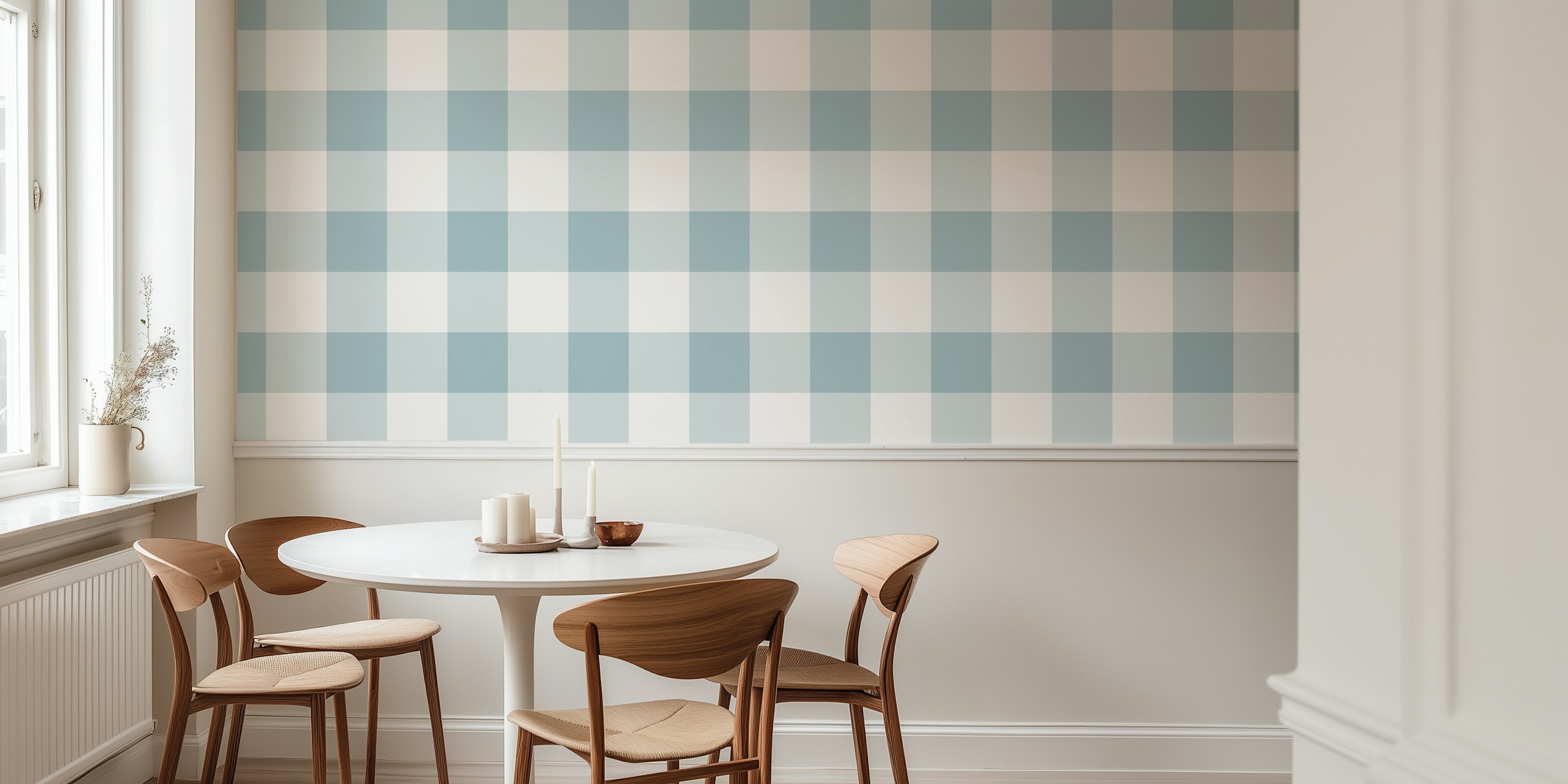 Scandi Blue Simple Gingham Check Plaid papel pintado en una habitación