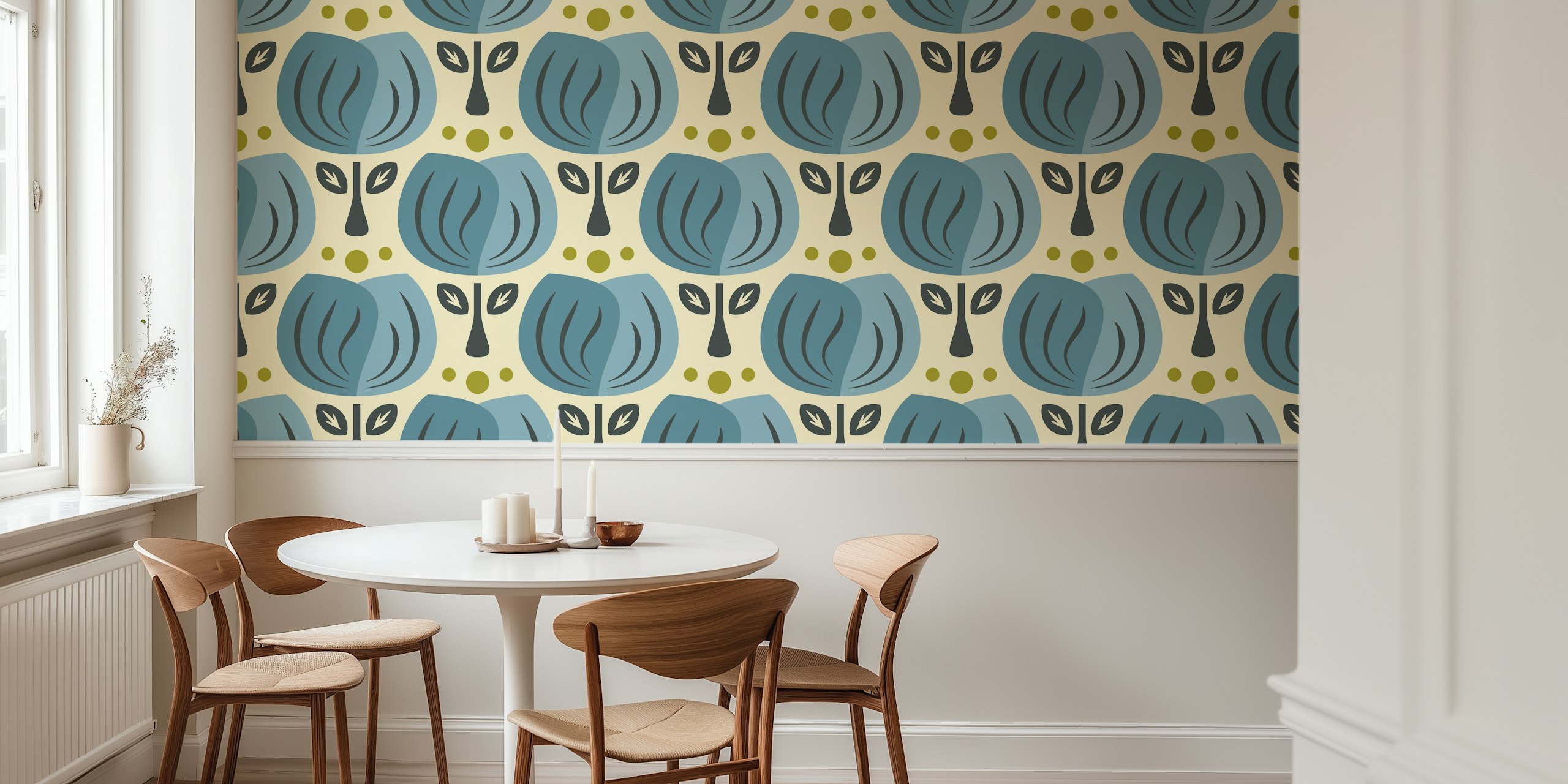 Retro tulip wallpaper design in blue colors.
