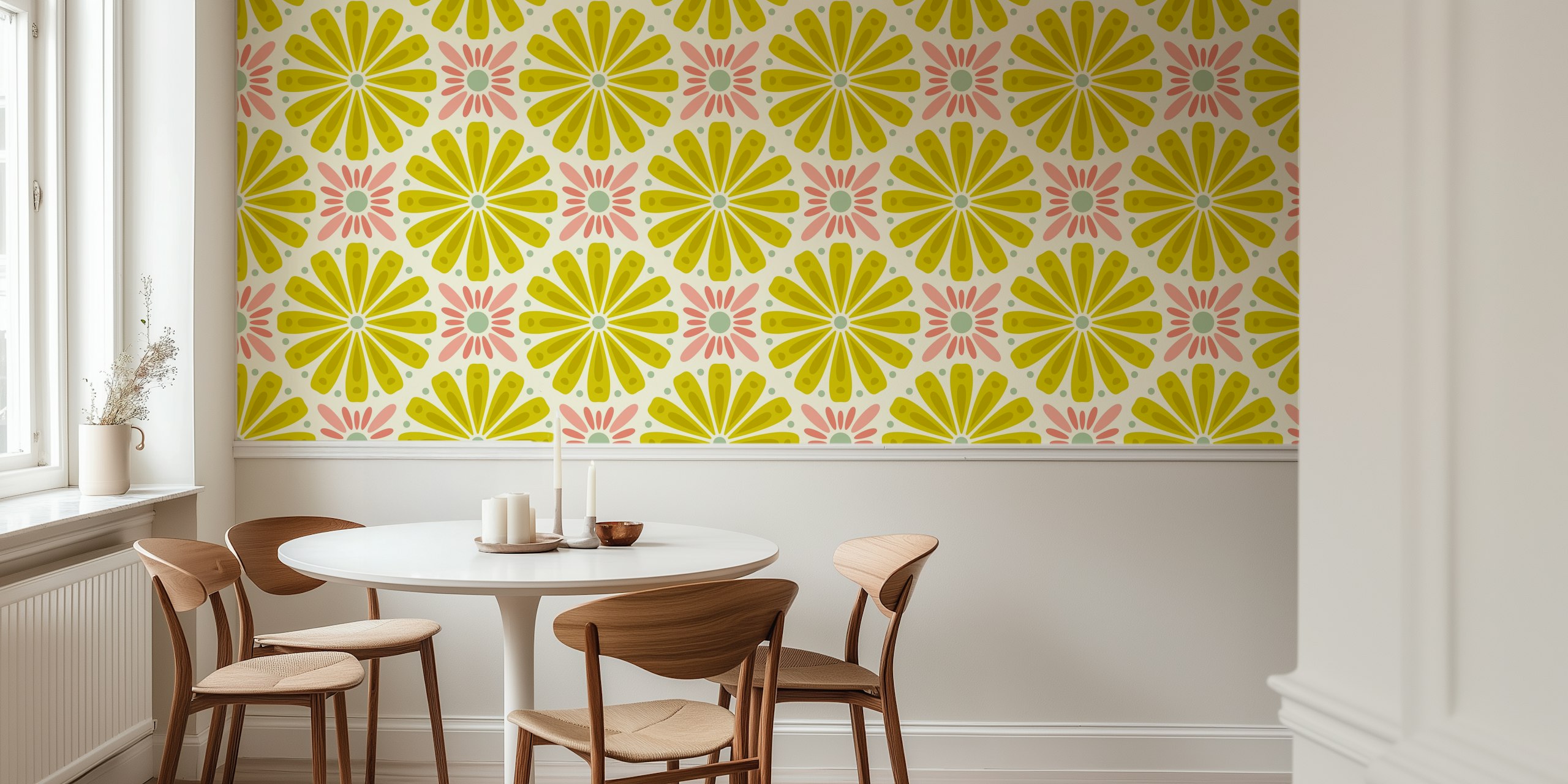 Colorful flowers in green and pink on cream background wallpaper