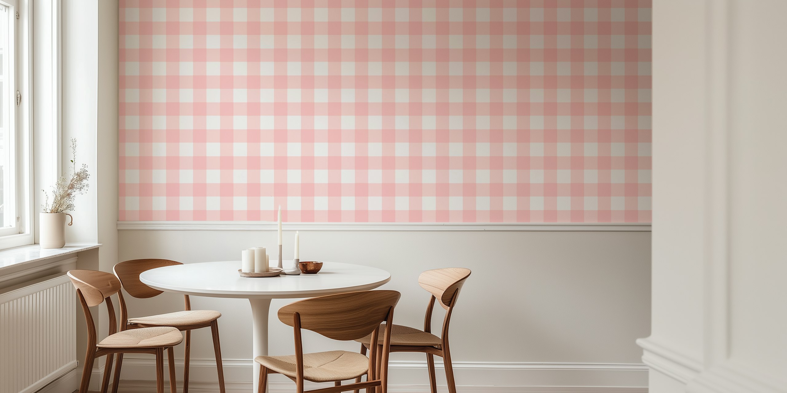 Gingham pattern wallpaper in warm rose pink and white color.