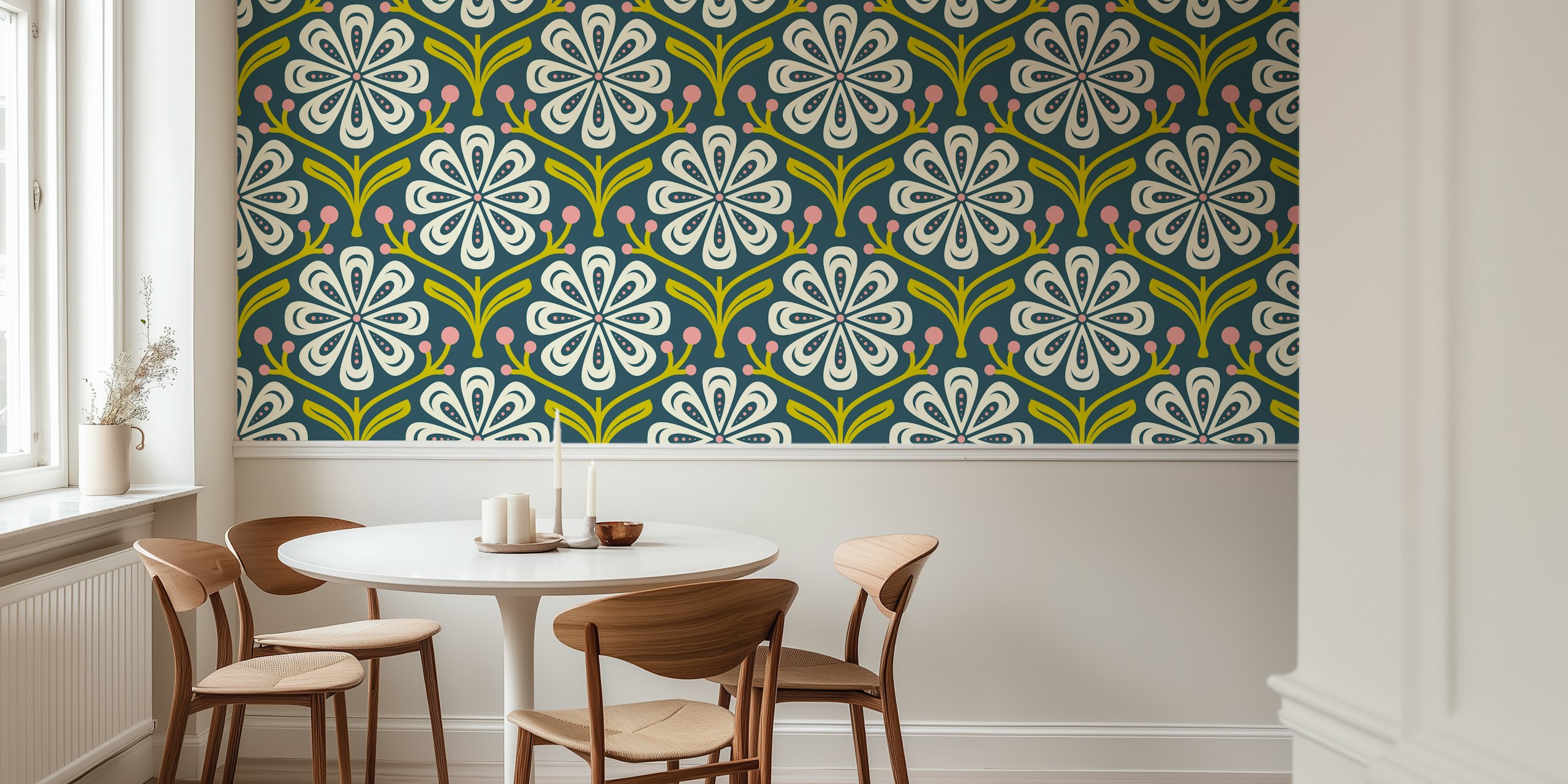 Floral patterns in green and pink on navy background wallpaper