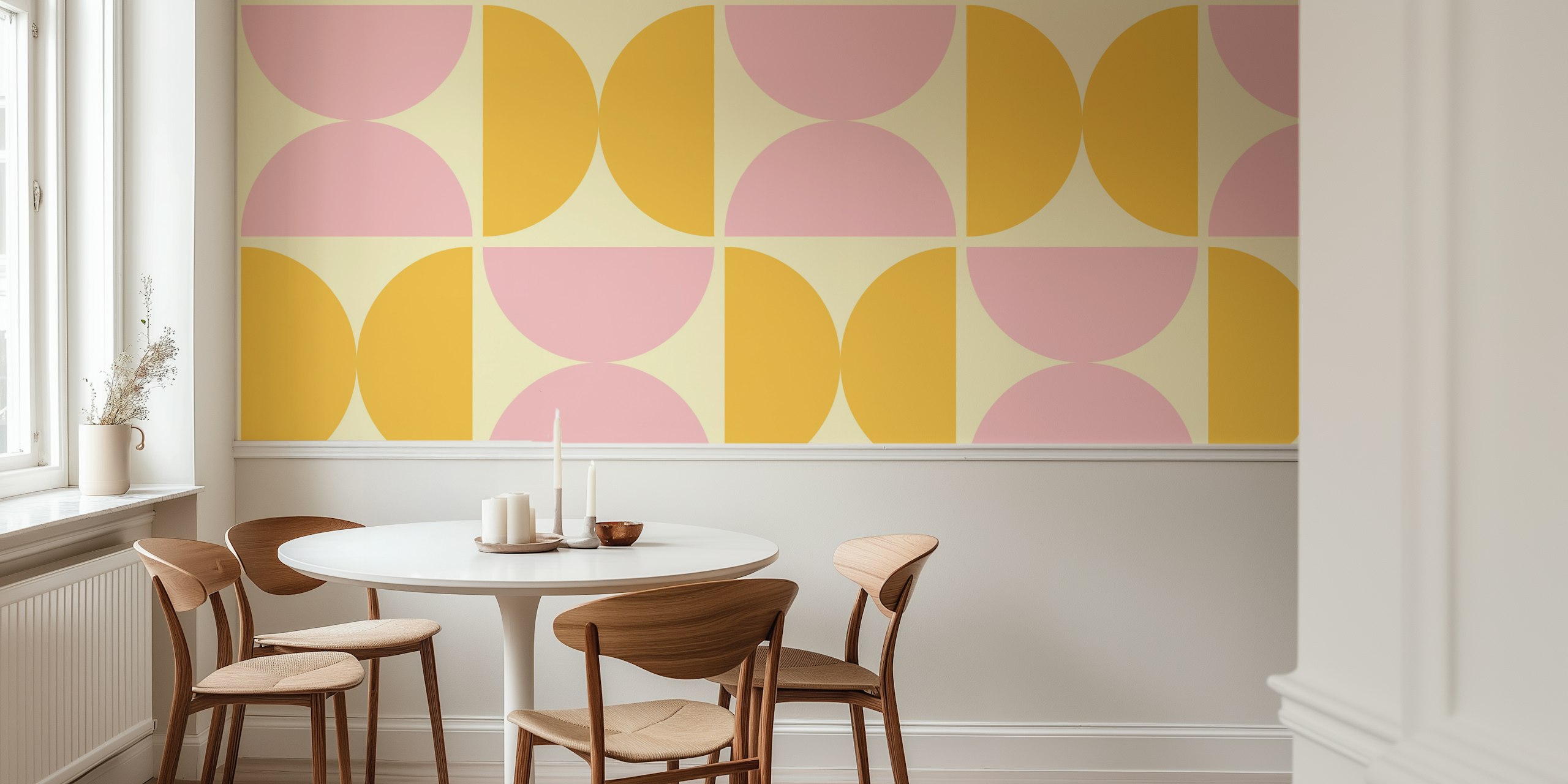 Pink and yellow semicircles wallpaper in a room