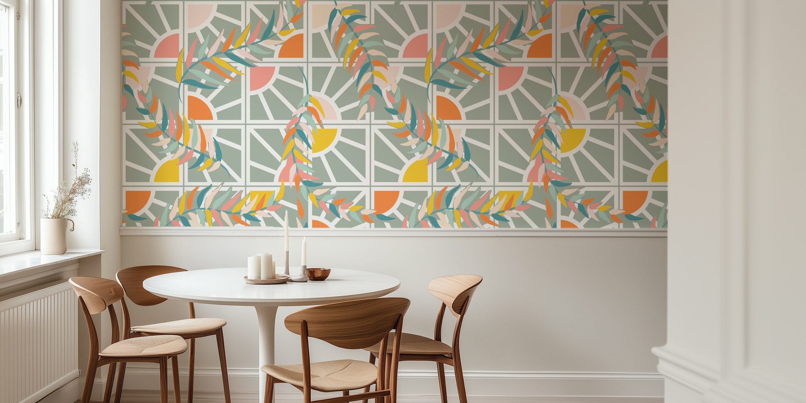 Botanical leaf patterns with pastel colors on gray background wallpaper
