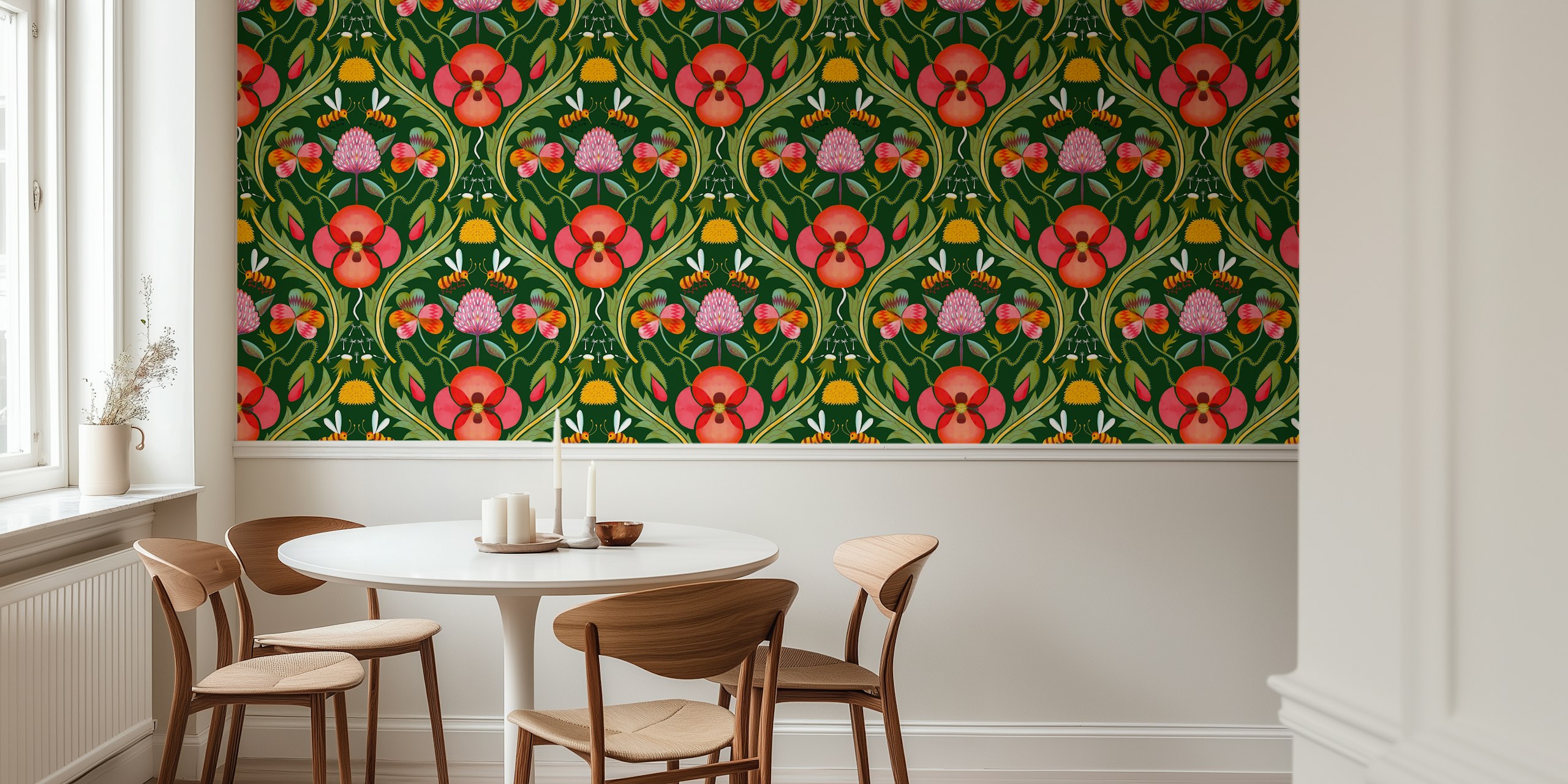 Colorful floral and bee pattern in bright colors wallpaper