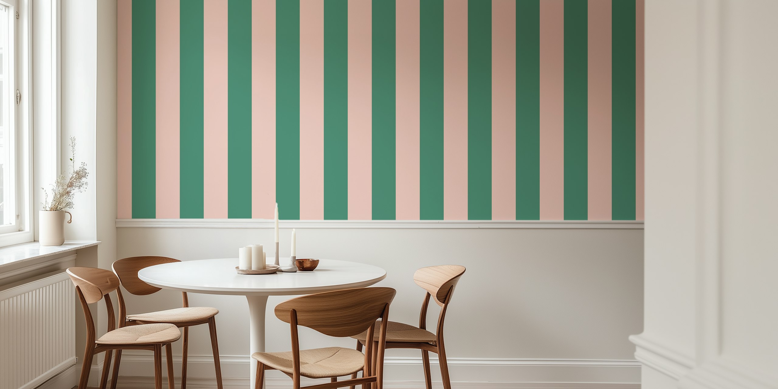 Pastel peach and green awning stripe wallpaper
