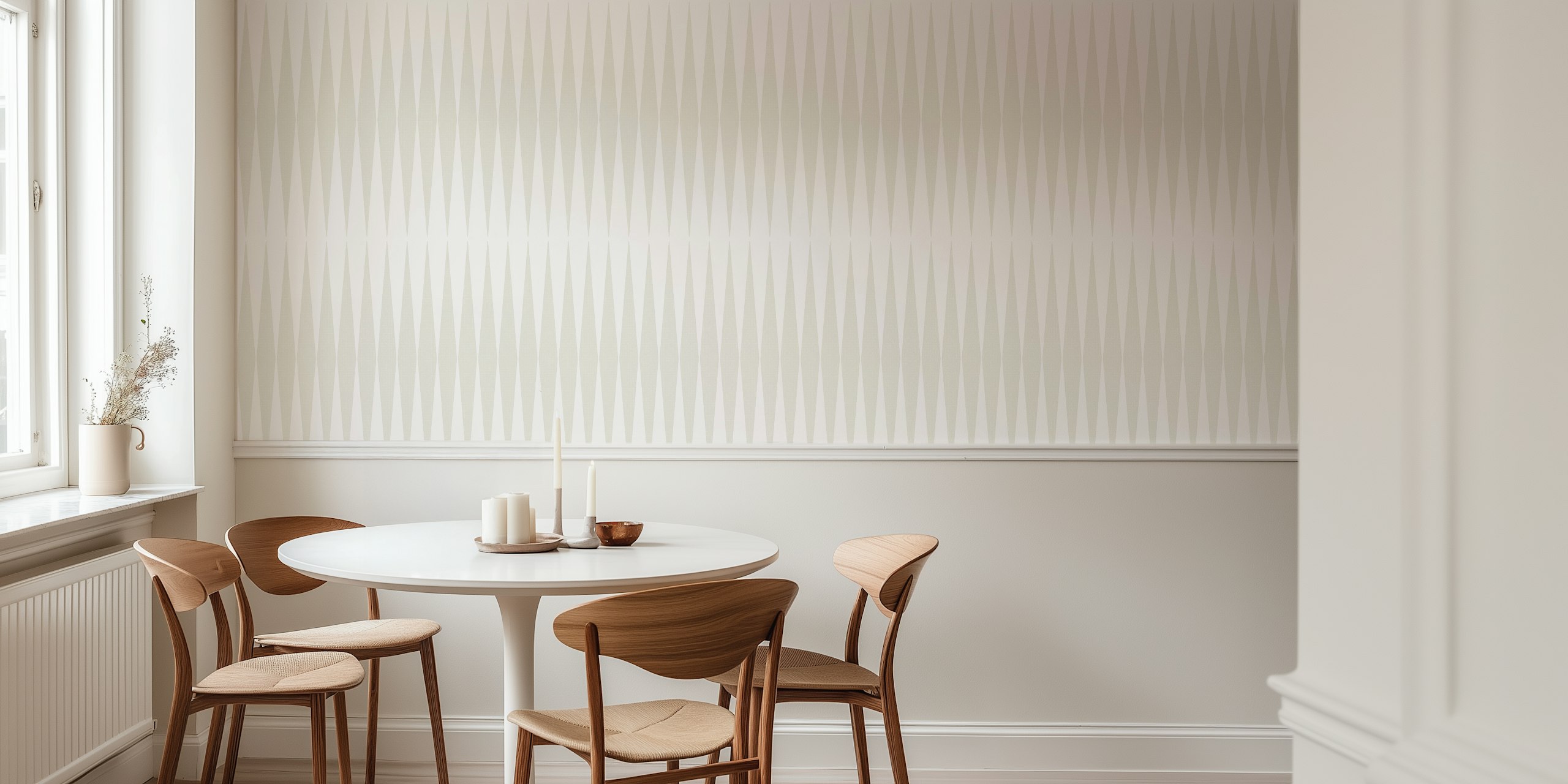 Mid-century modern diamond grey linen wallpaper in room