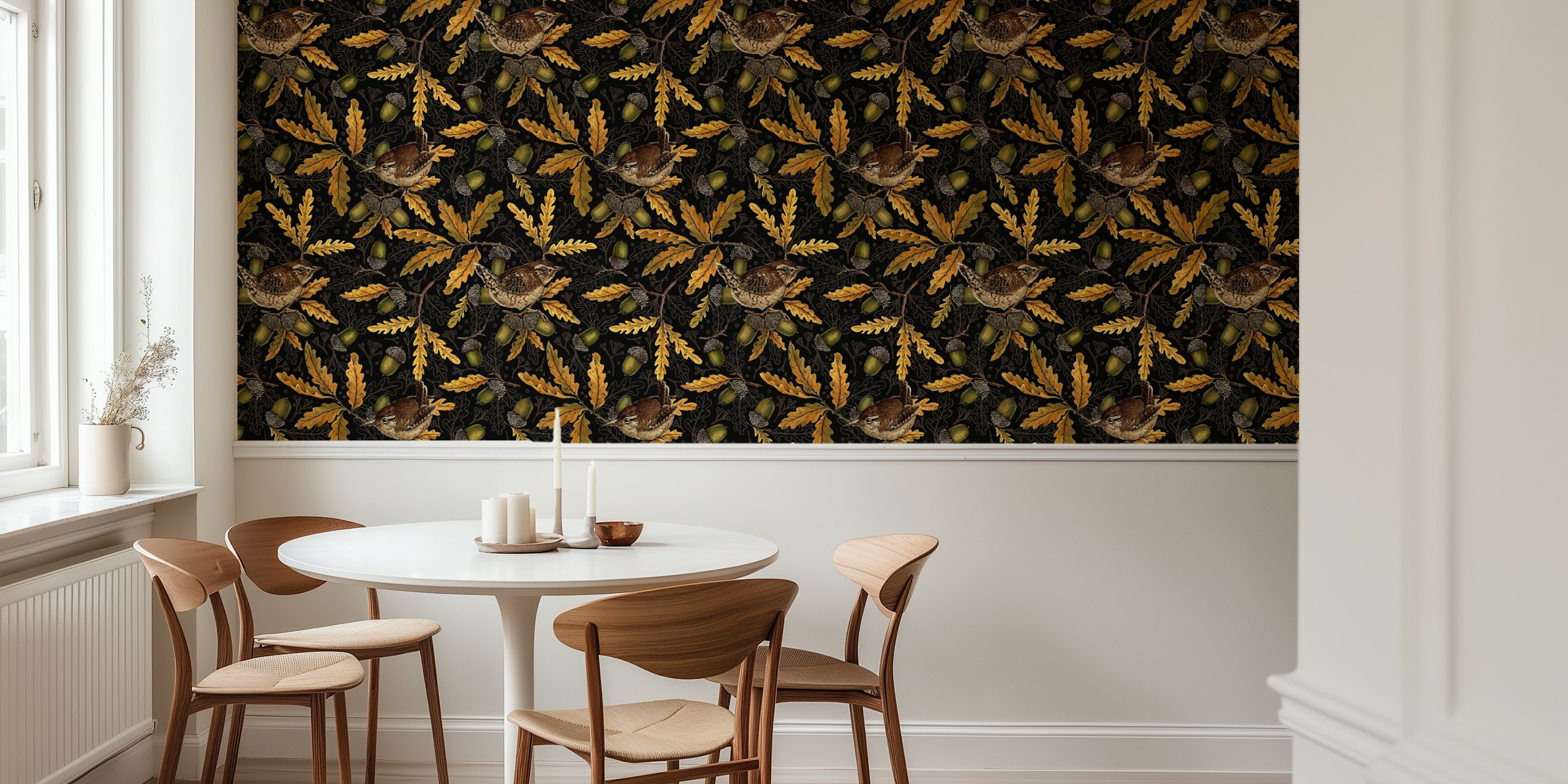 Wrens and acorns wallpaper design